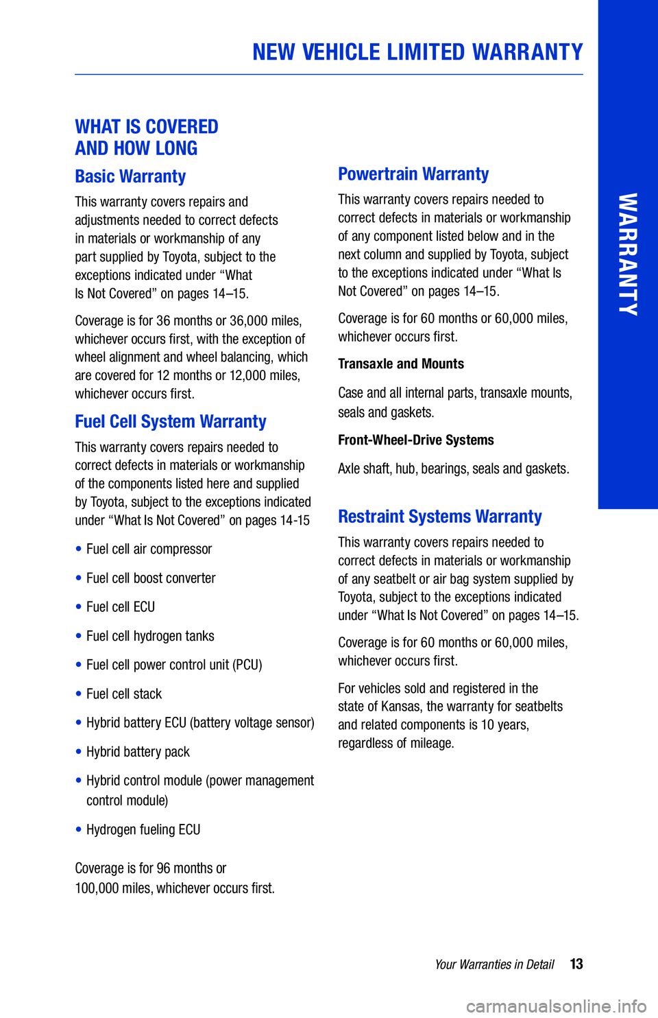 TOYOTA MIRAI 2019  Warranties & Maintenance Guides (in English) 13Your Warranties in Detail
WARRANTY
WHAT IS COVERED  
AND HOW LONG
Basic Warranty
This warranty covers repairs and   
adjustments needed to correct defects   
in materials or workmanship of any   
pa