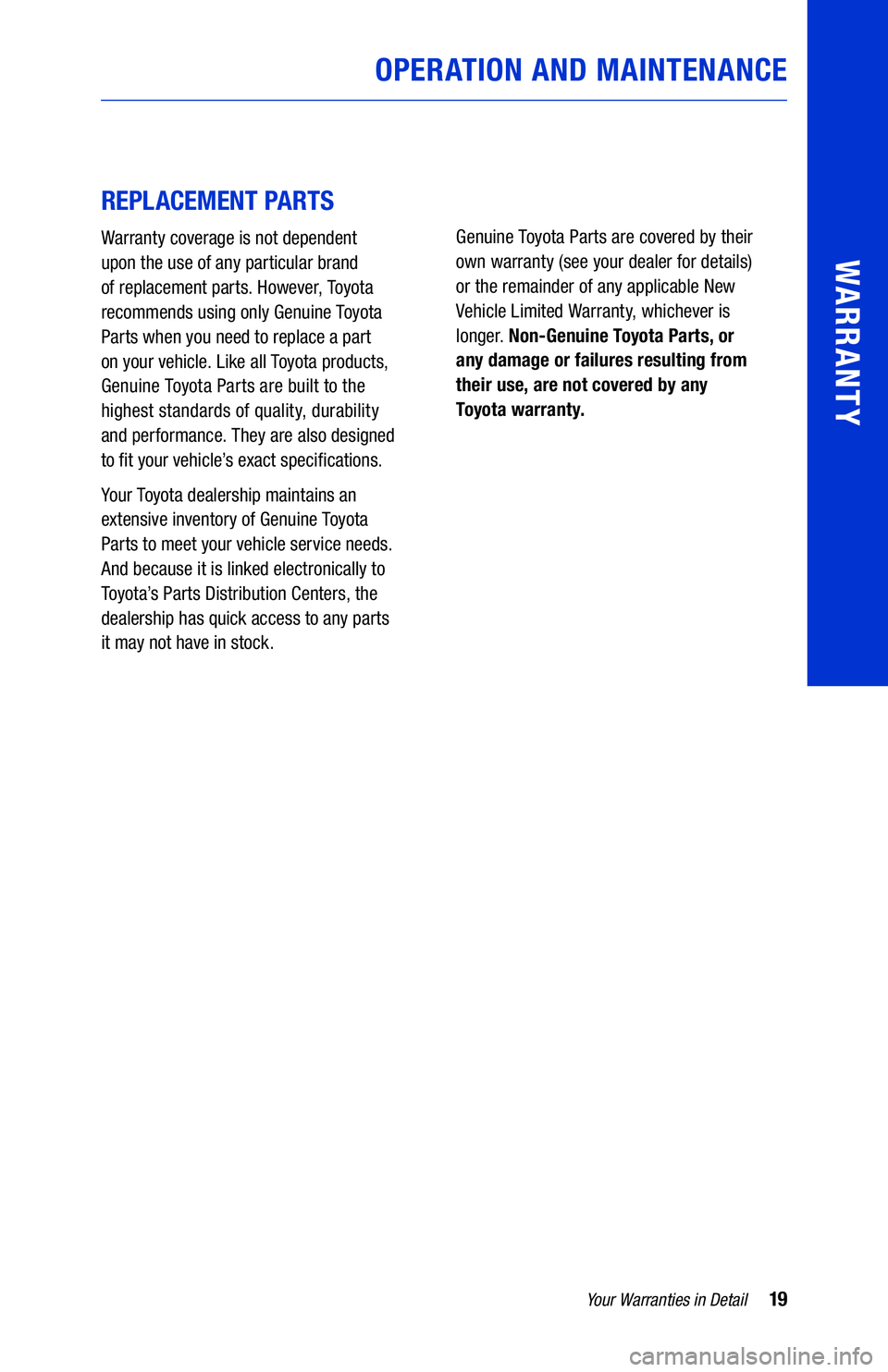 TOYOTA MIRAI 2019  Warranties & Maintenance Guides (in English) 19Your Warranties in Detail
WARRANTY
REPLACEMENT PARTS
Warranty coverage is not dependent  
upon the use of any particular brand 
of replacement parts. However, Toyota 
recommends using only Genuine T