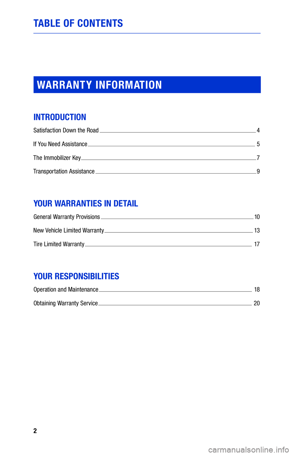 TOYOTA MIRAI 2019 Warranties & Maintenance Guides (in English) 2
TABLE OF CONTENTS
WARRANTY INFORMATION
INTRODUCTION
Satisfaction Down the Road 4
If You Need Assistance
5
The Immobilizer Key
7
Transportation Assistance
9
YOUR WARRANTIES IN DETAIL
General TOYOTA MIRAI 2019 Warranties & Maintenance Guides (in English) 2
TABLE OF CONTENTS
WARRANTY INFORMATION
INTRODUCTION
Satisfaction Down the Road 4
If You Need Assistance
5
The Immobilizer Key
7
Transportation Assistance
9
YOUR WARRANTIES IN DETAIL
General