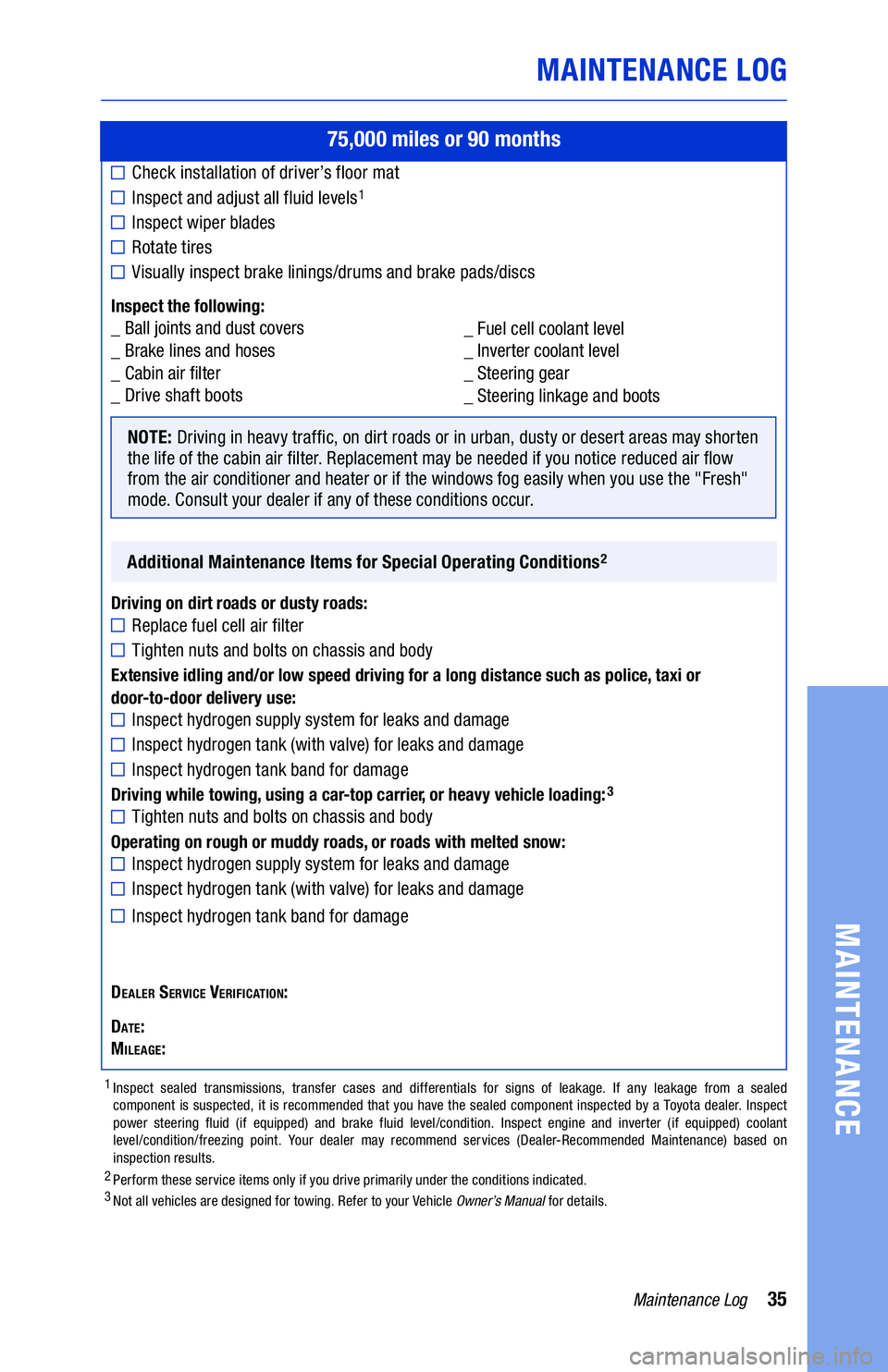 TOYOTA MIRAI 2019 Warranties & Maintenance Guides (in English) 35Maintenance Log
NOTE: Driving in heavy traffic, on dirt roads or in urban, dusty or desert areas may shorten
the life of the cabin air filter. Replacement may be needed if you notice reduced air fl TOYOTA MIRAI 2019 Warranties & Maintenance Guides (in English) 35Maintenance Log
NOTE: Driving in heavy traffic, on dirt roads or in urban, dusty or desert areas may shorten
the life of the cabin air filter. Replacement may be needed if you notice reduced air fl