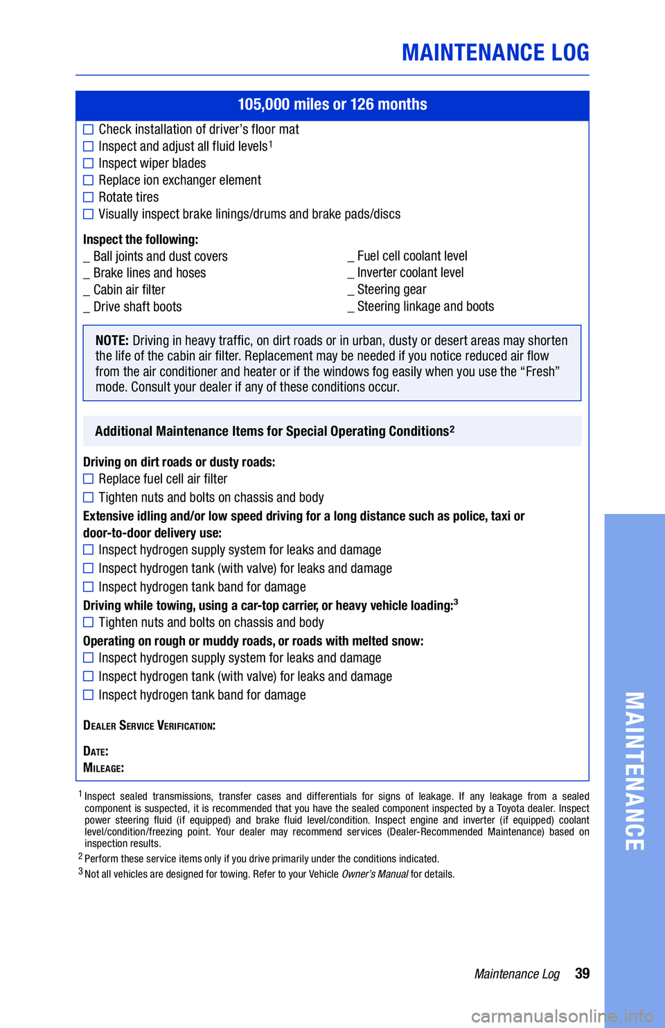TOYOTA MIRAI 2019 Warranties & Maintenance Guides (in English) 39Maintenance Log
NOTE: Driving in heavy traffic, on dirt roads or in urban, dusty or desert areas may shorten
the life of the cabin air filter. Replacement may be needed if you notice reduced air fl TOYOTA MIRAI 2019 Warranties & Maintenance Guides (in English) 39Maintenance Log
NOTE: Driving in heavy traffic, on dirt roads or in urban, dusty or desert areas may shorten
the life of the cabin air filter. Replacement may be needed if you notice reduced air fl