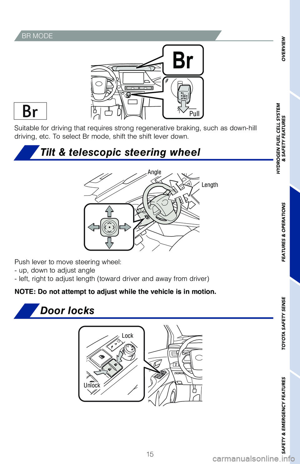 TOYOTA MIRAI 2020 (in English) User Guide 15
Push lever to move steering wheel:
- up, down to adjust angle
- left, right to adjust length (toward driver and away from driver)
NOTE: Do not attempt to adjust while the vehicle is in motion.
Len TOYOTA MIRAI 2020 (in English) User Guide 15
Push lever to move steering wheel:
- up, down to adjust angle
- left, right to adjust length (toward driver and away from driver)
NOTE: Do not attempt to adjust while the vehicle is in motion.
Len