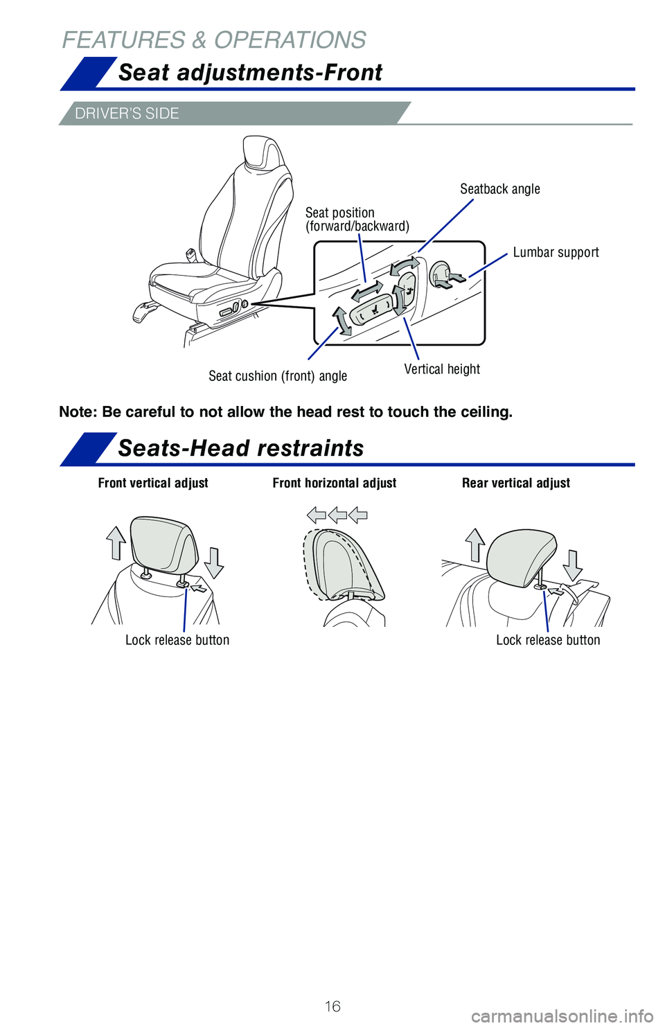 TOYOTA MIRAI 2020 (in English) User Guide 16
FEATURES & OPERATIONSSeat adjustments-Front
Seats-Head restraints
DRIVER’S SIDE
Note: Be careful to not allow the head rest to touch the ceiling.
Seatback angle
Lumbar support
Vertical heightSeat TOYOTA MIRAI 2020 (in English) User Guide 16
FEATURES & OPERATIONSSeat adjustments-Front
Seats-Head restraints
DRIVER’S SIDE
Note: Be careful to not allow the head rest to touch the ceiling.
Seatback angle
Lumbar support
Vertical heightSeat