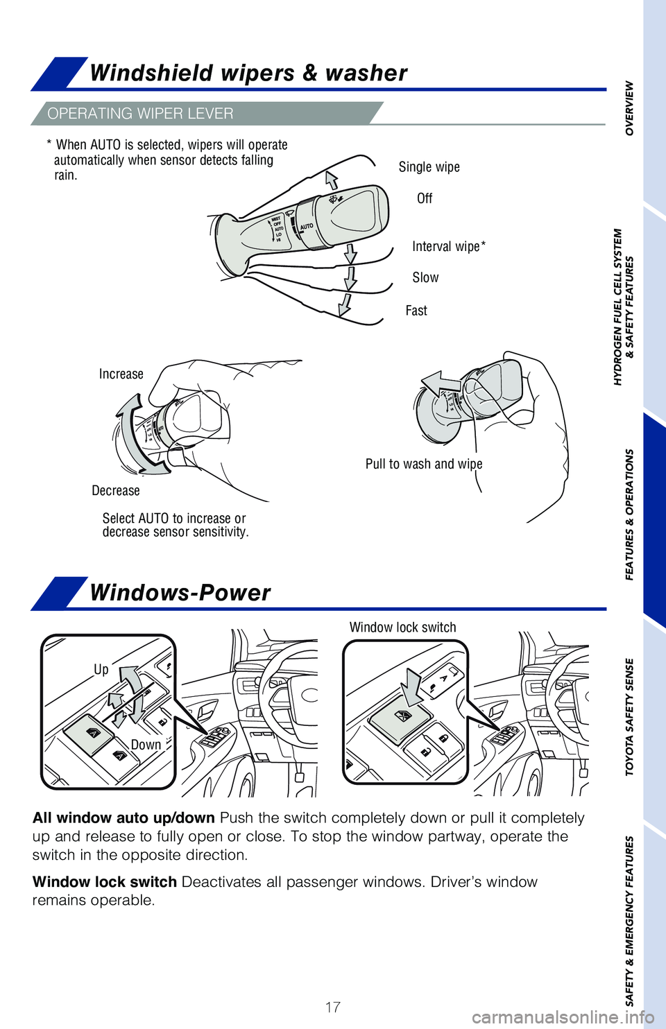 TOYOTA MIRAI 2020 (in English) User Guide 17
OVERVIEW
HYDROGEN FUEL CELL SYSTEM
& SAFETY FEATURES
FEATURES & OPERATIONS
TOYOTA SAFETY SENSE
SAFETY & EMERGENCY FEATURES
OPERATING WIPER LEVER
Pull to wash and wipe
Select AUTO to increase or
dec TOYOTA MIRAI 2020 (in English) User Guide 17
OVERVIEW
HYDROGEN FUEL CELL SYSTEM
& SAFETY FEATURES
FEATURES & OPERATIONS
TOYOTA SAFETY SENSE
SAFETY & EMERGENCY FEATURES
OPERATING WIPER LEVER
Pull to wash and wipe
Select AUTO to increase or
dec