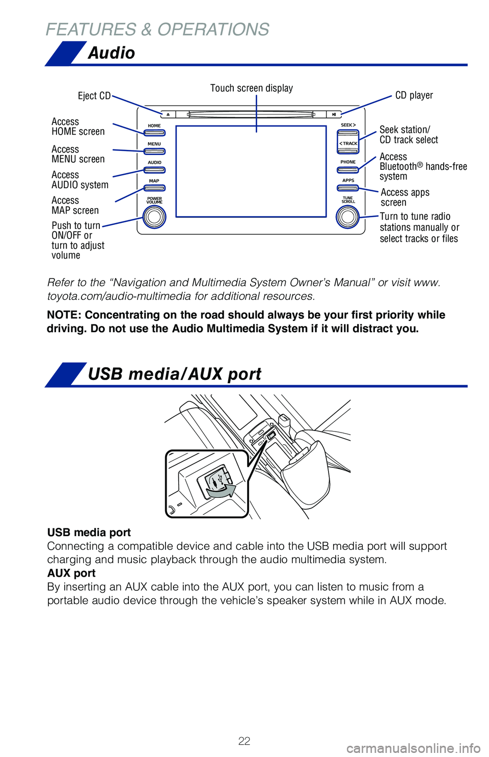 TOYOTA MIRAI 2020 (in English) Owners Manual 22
FEATURES & OPERATIONSAudio
USB media/AUX port
Eject CD CD playerTouch screen display
Refer to the “Navigation and Multimedia System Owner’s Manual” \
or visit www.
toyota.com/audio-multimedia TOYOTA MIRAI 2020 (in English) Owners Manual 22
FEATURES & OPERATIONSAudio
USB media/AUX port
Eject CD CD playerTouch screen display
Refer to the “Navigation and Multimedia System Owner’s Manual” \
or visit www.
toyota.com/audio-multimedia