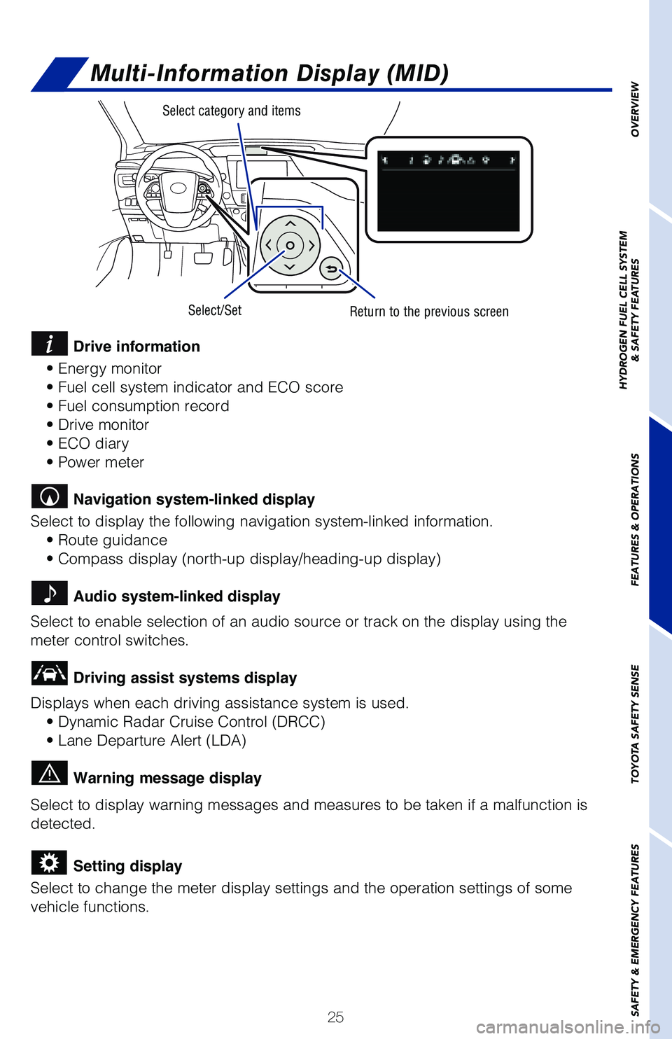 TOYOTA MIRAI 2020 (in English) Owners Manual 25
Multi-Information Display (MID)
Select category and items
Select/SetReturn to the previous screen
Drive information
• Energy monitor
• Fuel cell system indicator and ECO score
• Fuel consump TOYOTA MIRAI 2020 (in English) Owners Manual 25
Multi-Information Display (MID)
Select category and items
Select/SetReturn to the previous screen
Drive information
• Energy monitor
• Fuel cell system indicator and ECO score
• Fuel consump
