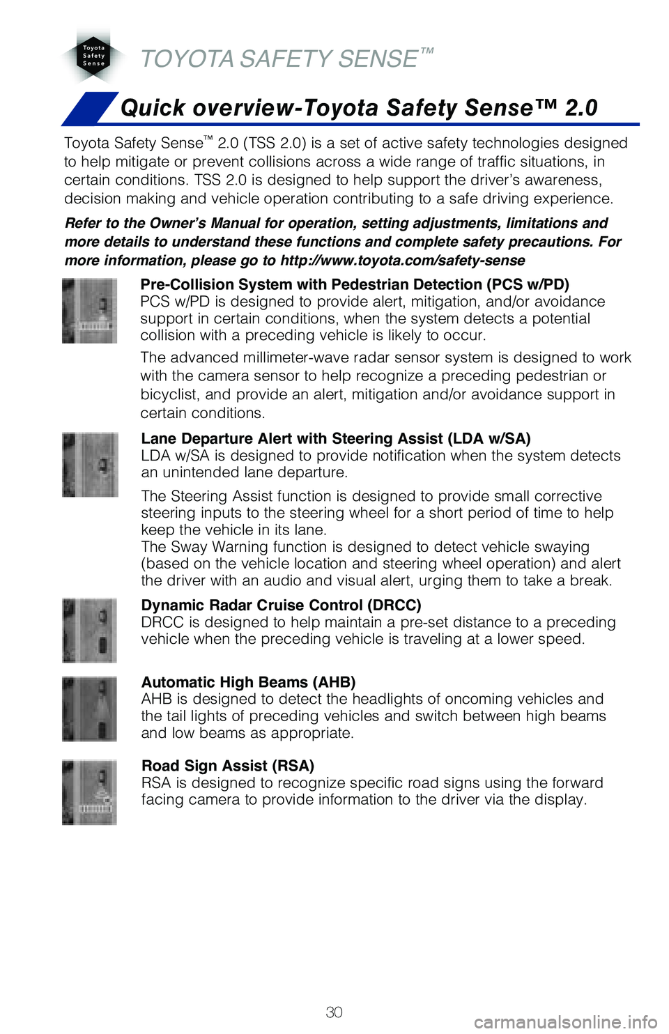 TOYOTA MIRAI 2020 (in English) Owners Guide 30
TOYOTA SAFETY SENSE™
Toyota Safety Sense™ 2.0 (TSS 2.0) is a set of active safety technologies designed
to help mitigate or prevent collisions across a wide range of traffic si\
tuations, in
TOYOTA MIRAI 2020 (in English) Owners Guide 30
TOYOTA SAFETY SENSE™
Toyota Safety Sense™ 2.0 (TSS 2.0) is a set of active safety technologies designed
to help mitigate or prevent collisions across a wide range of traffic si\
tuations, in