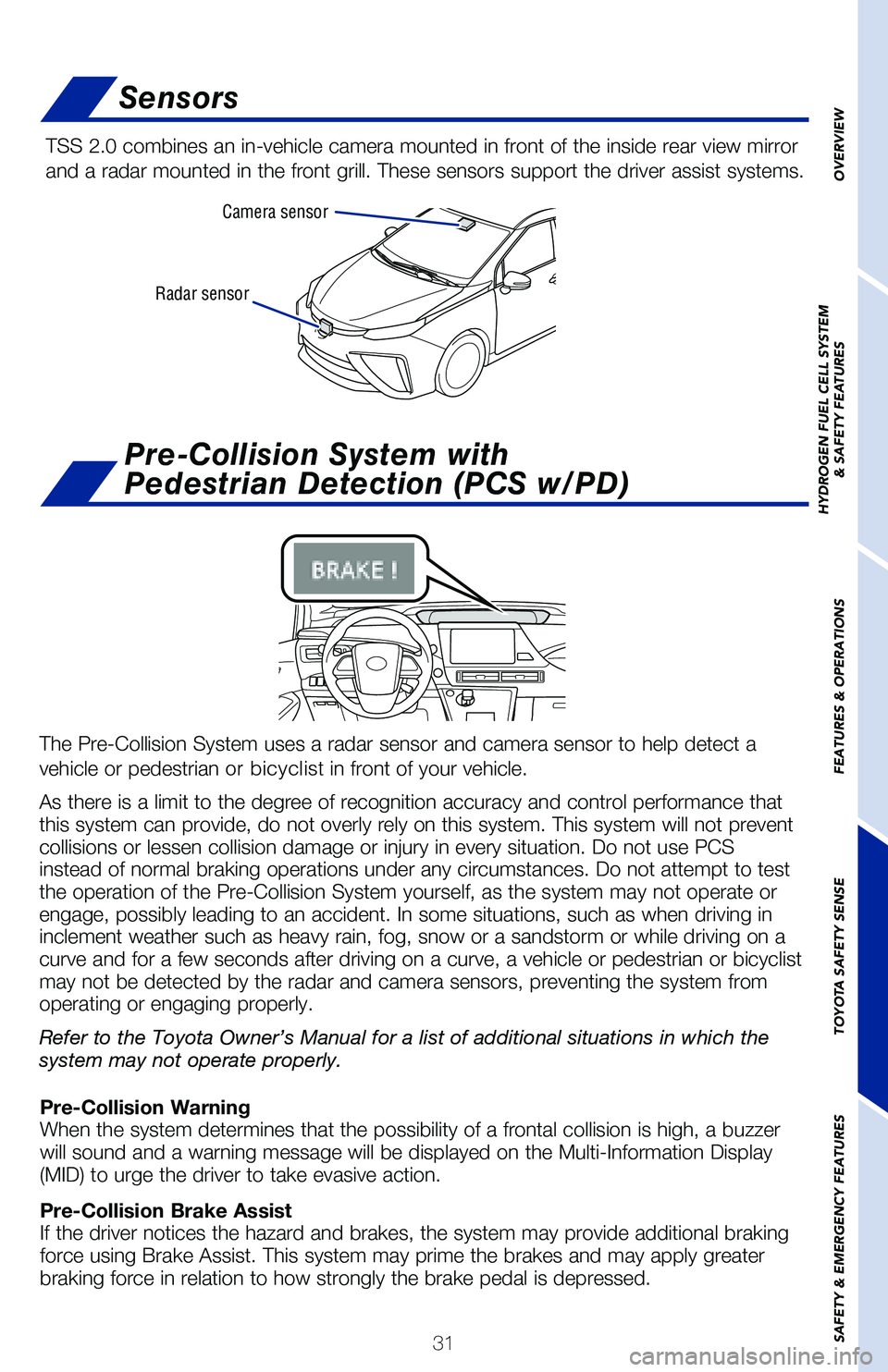 TOYOTA MIRAI 2020   (in English) Owners Guide 31
Radar sensorCamera sensor
Sensors
TSS 2.0 combines an in-vehicle camera mounted in front of the inside rea\
r view mirror 
and a radar mounted in the front grill. These sensors support the driver\
