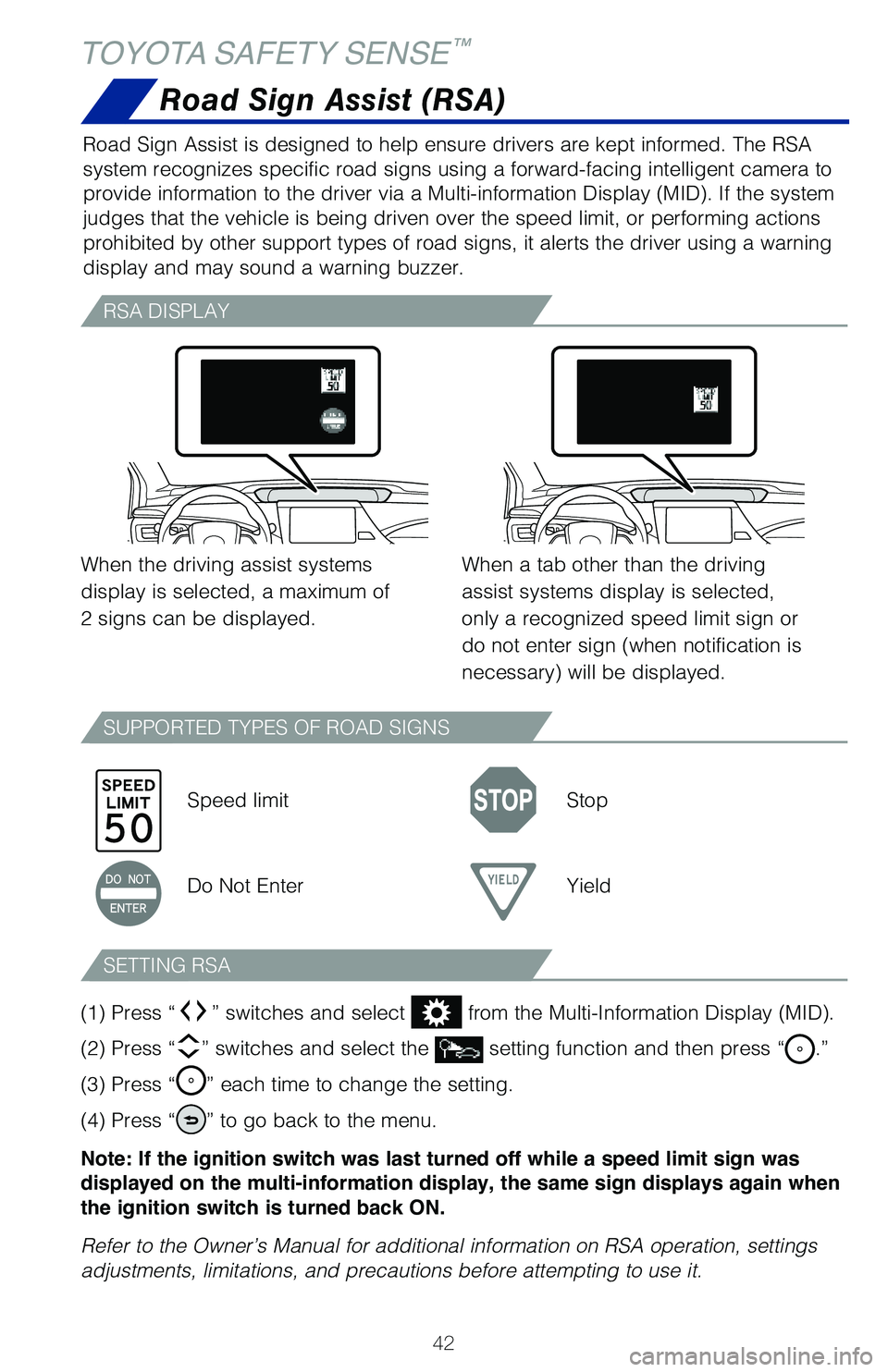 TOYOTA MIRAI 2020 (in English) Service Manual 42
TOYOTA SAFETY SENSE™
Road Sign Assist (RSA)
Road Sign Assist is designed to help ensure drivers are kept informed. T\
he RSA
system recognizes specific road signs using a forward-facing intellig TOYOTA MIRAI 2020 (in English) Service Manual 42
TOYOTA SAFETY SENSE™
Road Sign Assist (RSA)
Road Sign Assist is designed to help ensure drivers are kept informed. T\
he RSA
system recognizes specific road signs using a forward-facing intellig