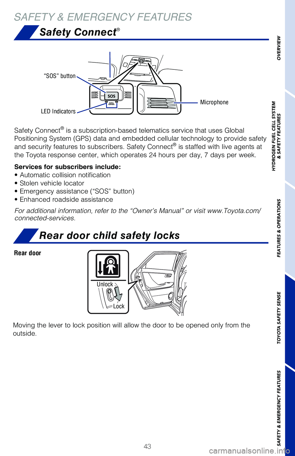 TOYOTA MIRAI 2020 (in English) Service Manual 43
Safety Connect®
Safety Connect® is a subscription-based telematics service that uses Global
Positioning System (GPS) data and embedded cellular technology to provide safety
and security feature TOYOTA MIRAI 2020 (in English) Service Manual 43
Safety Connect®
Safety Connect® is a subscription-based telematics service that uses Global
Positioning System (GPS) data and embedded cellular technology to provide safety
and security feature