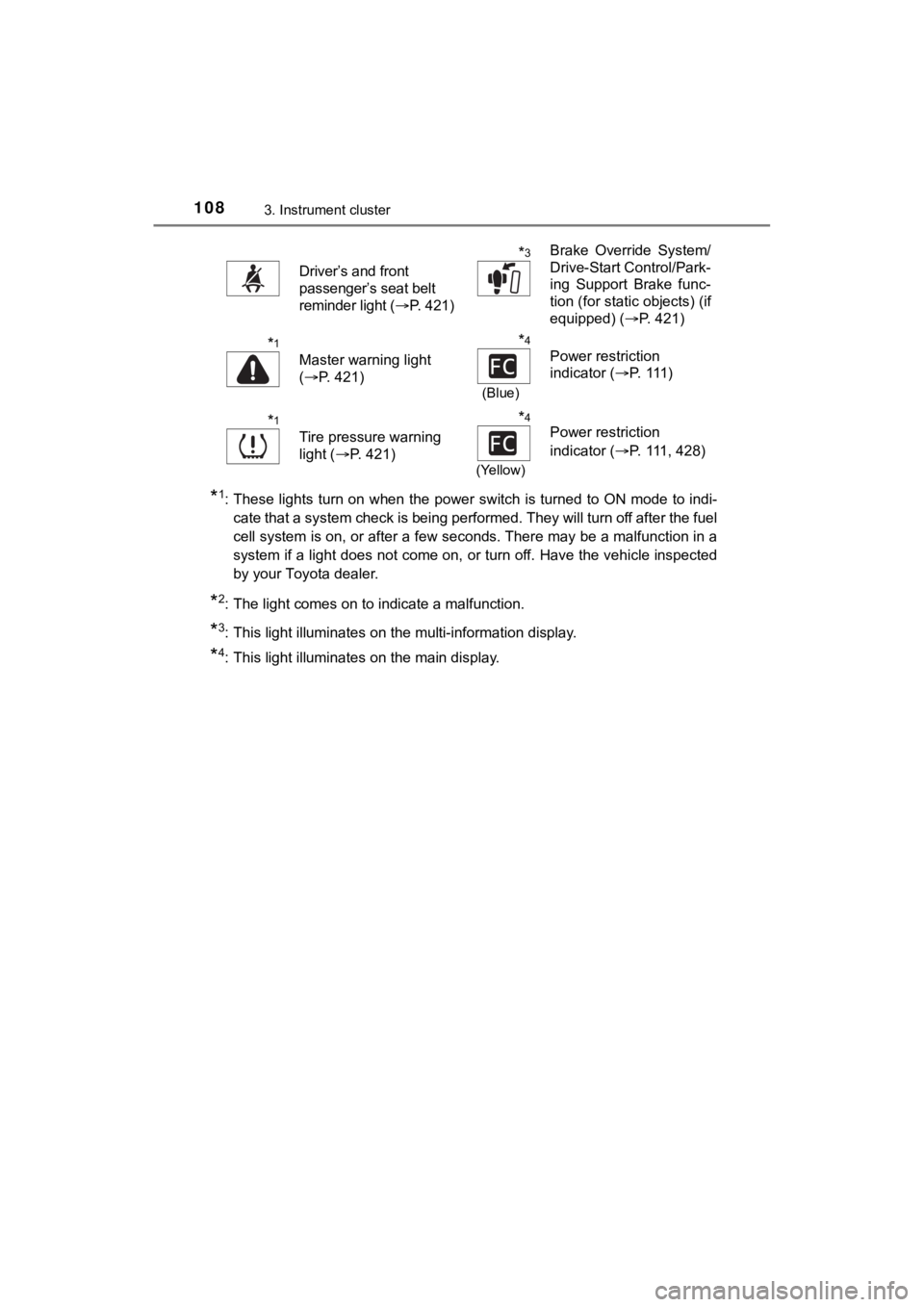 TOYOTA MIRAI 2020 Owners Manual (in English) 1083. Instrument cluster
MIRAI_OM_USA_OM62073U
*1: These lights turn on when the power switch is turned to ON mode to indi-
cate that a system check is being performed. They will turn off after the f TOYOTA MIRAI 2020 Owners Manual (in English) 1083. Instrument cluster
MIRAI_OM_USA_OM62073U
*1: These lights turn on when the power switch is turned to ON mode to indi-
cate that a system check is being performed. They will turn off after the f