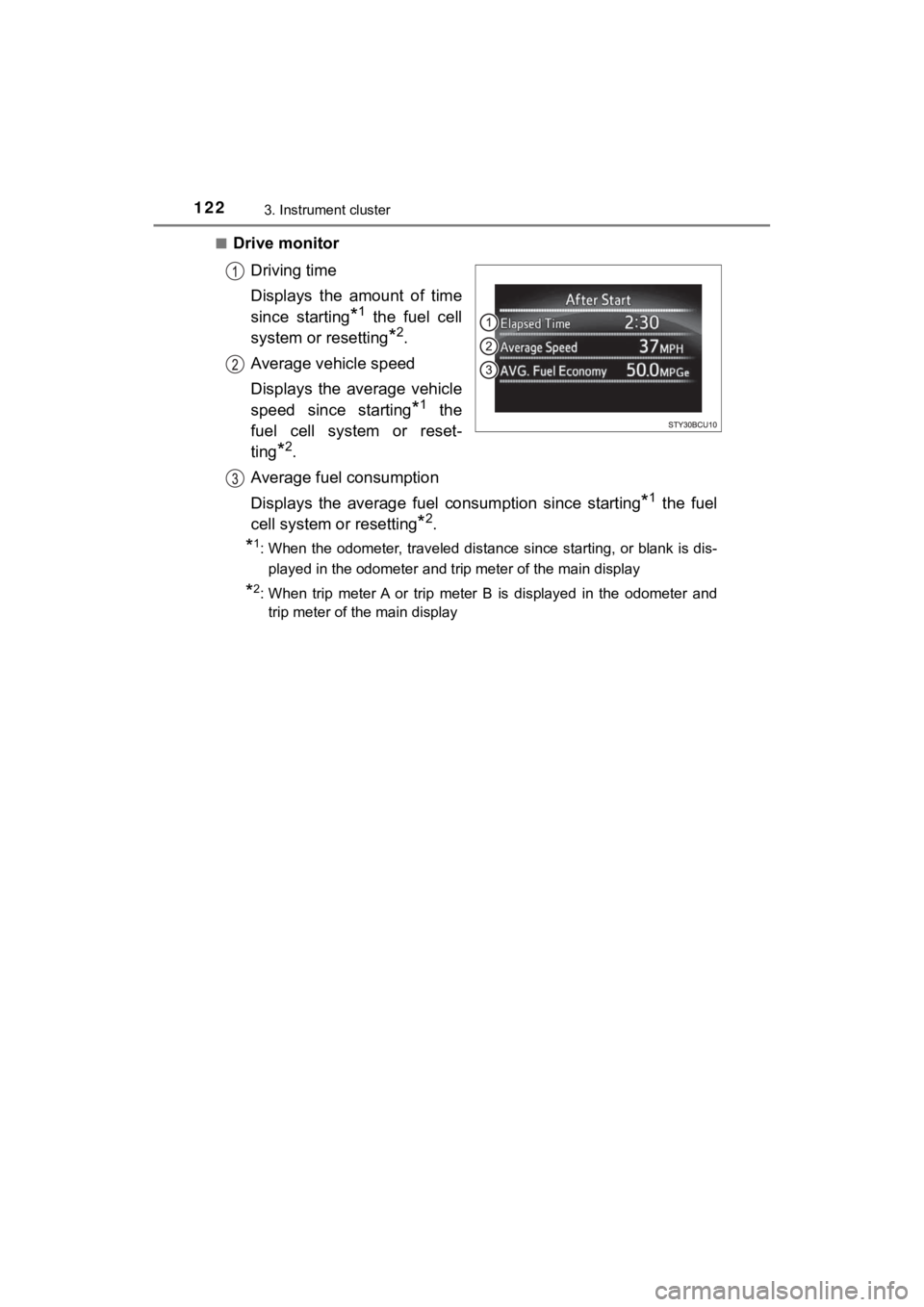 TOYOTA MIRAI 2020 Owners Manual (in English) 1223. Instrument cluster
MIRAI_OM_USA_OM62073U■
Drive monitor
Driving time
Displays the amount of time
since starting
*1 the fuel cell
system or resetting
*2.
Average vehicle speed
Displays TOYOTA MIRAI 2020 Owners Manual (in English) 1223. Instrument cluster
MIRAI_OM_USA_OM62073U■
Drive monitor
Driving time
Displays the amount of time
since starting
*1 the fuel cell
system or resetting
*2.
Average vehicle speed
Displays