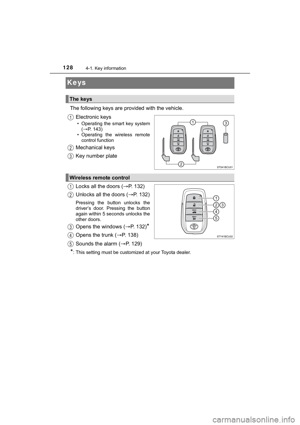 TOYOTA MIRAI 2020 Owners Manual (in English) 1284-1. Key information
MIRAI_OM_USA_OM62073U
Keys
The following keys are provided with the vehicle.
Electronic keys
• Operating the smart key system (P. 143)
• Operating the wireless re TOYOTA MIRAI 2020 Owners Manual (in English) 1284-1. Key information
MIRAI_OM_USA_OM62073U
Keys
The following keys are provided with the vehicle.
Electronic keys
• Operating the smart key system (P. 143)
• Operating the wireless re