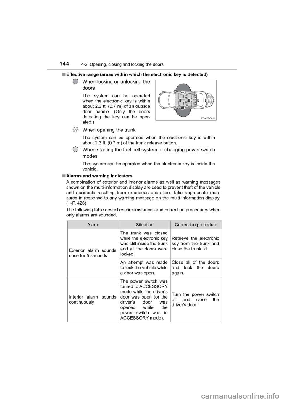 TOYOTA MIRAI 2020 Owners Manual (in English) 1444-2. Opening, closing and locking the doors
MIRAI_OM_USA_OM62073U■
Effective range (areas within wh ich the electronic key is detected)
■ Alarms and warning indicators
A combination of exter TOYOTA MIRAI 2020 Owners Manual (in English) 1444-2. Opening, closing and locking the doors
MIRAI_OM_USA_OM62073U■
Effective range (areas within wh ich the electronic key is detected)
■ Alarms and warning indicators
A combination of exter