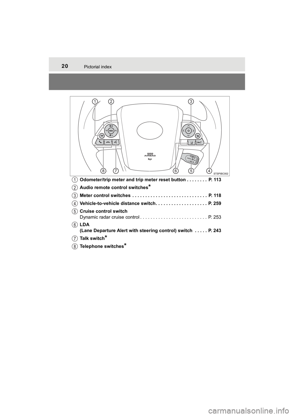 TOYOTA MIRAI 2020   (in English) User Guide 20Pictorial index
MIRAI_OM_USA_OM62073UOdometer/trip meter and trip meter reset button . . . . . . . .
 P. 113
Audio remote control switches
*
Meter control switches  . . . . . . . . . . . . . . . . .