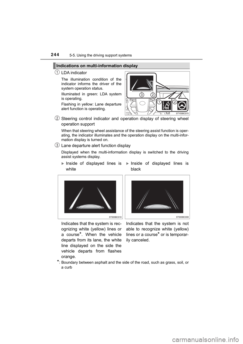 TOYOTA MIRAI 2020 Owners Manual (in English) 2445-5. Using the driving support systems
MIRAI_OM_USA_OM62073U
LDA indicator
The illumination condition of the
indicator informs the driver of the
system operation status.
Illuminated in g TOYOTA MIRAI 2020 Owners Manual (in English) 2445-5. Using the driving support systems
MIRAI_OM_USA_OM62073U
LDA indicator
The illumination condition of the
indicator informs the driver of the
system operation status.
Illuminated in g