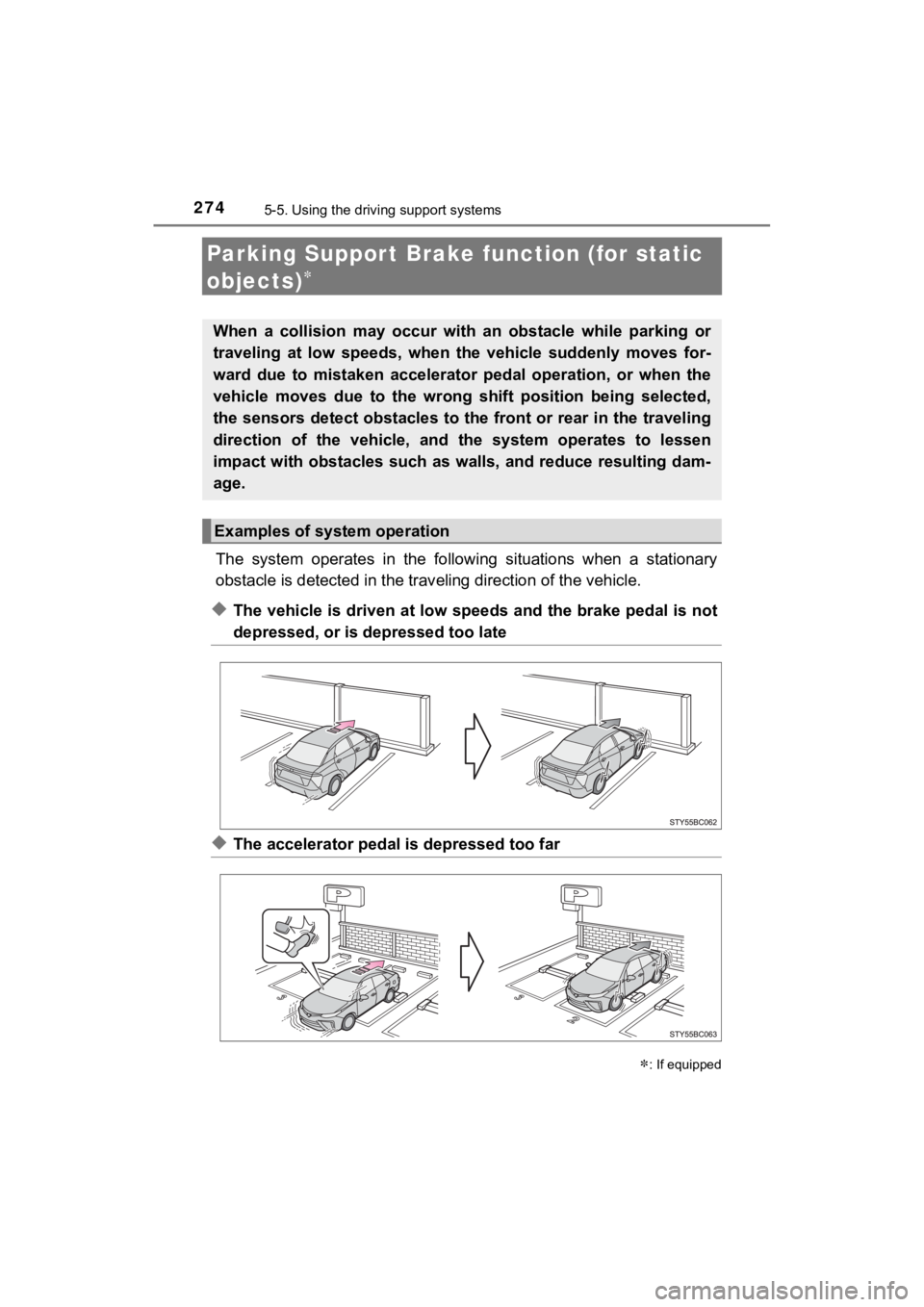 TOYOTA MIRAI 2020   (in English) Owners Guide 2745-5. Using the driving support systems
MIRAI_OM_USA_OM62073U
Parking Suppor t Brake fu nction (for static 
objects)

The  system  operates  in  the  following  situations  when  a  stationa ry
o