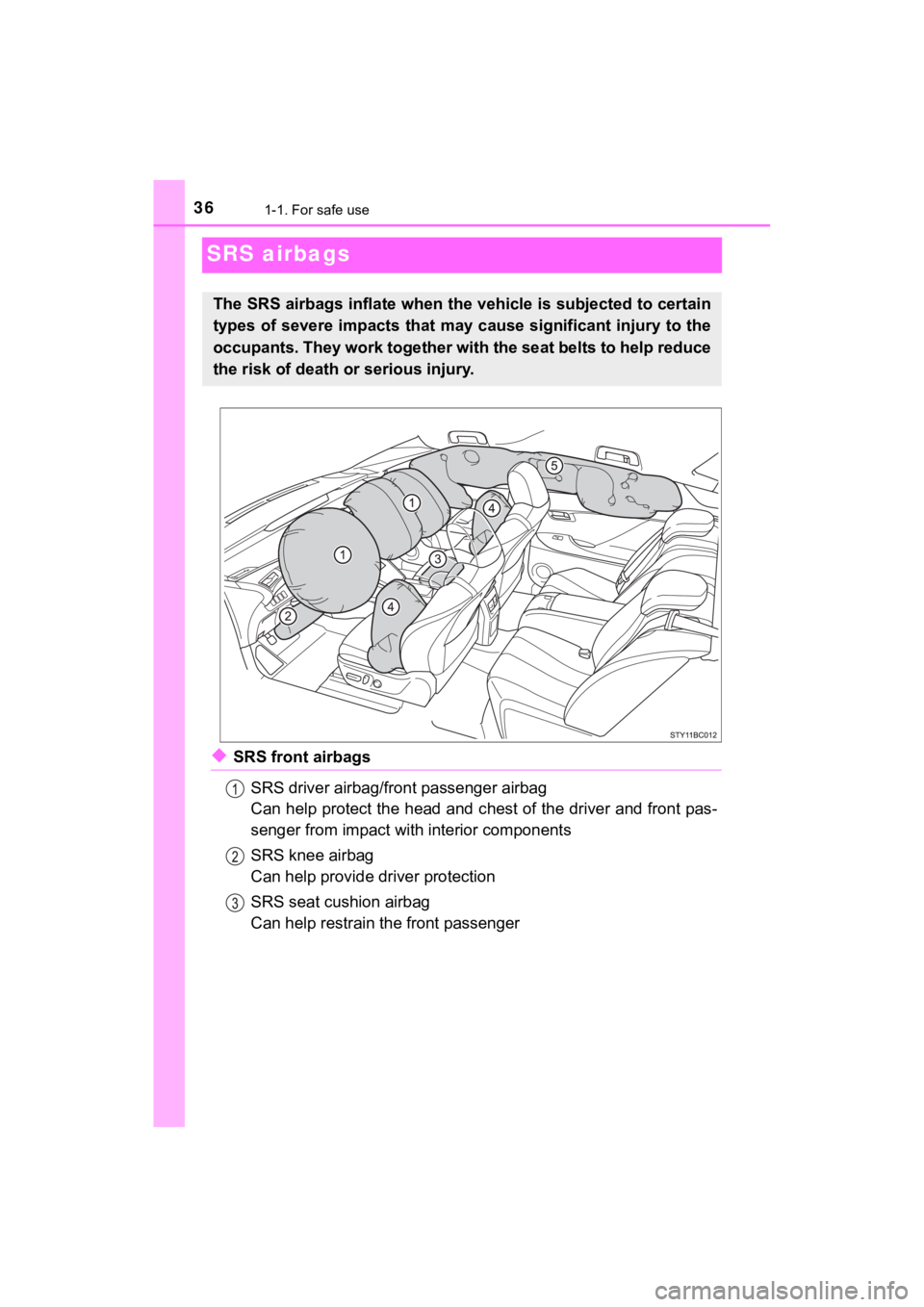 TOYOTA MIRAI 2020  Owners Manual (in English) 361-1. For safe use
MIRAI_OM_USA_OM62073U
SRS airbags
◆SRS front airbagsSRS driver airbag/front passenger airbag 
Can help protect the head and c hest of the driver and front pas-
senger from impact