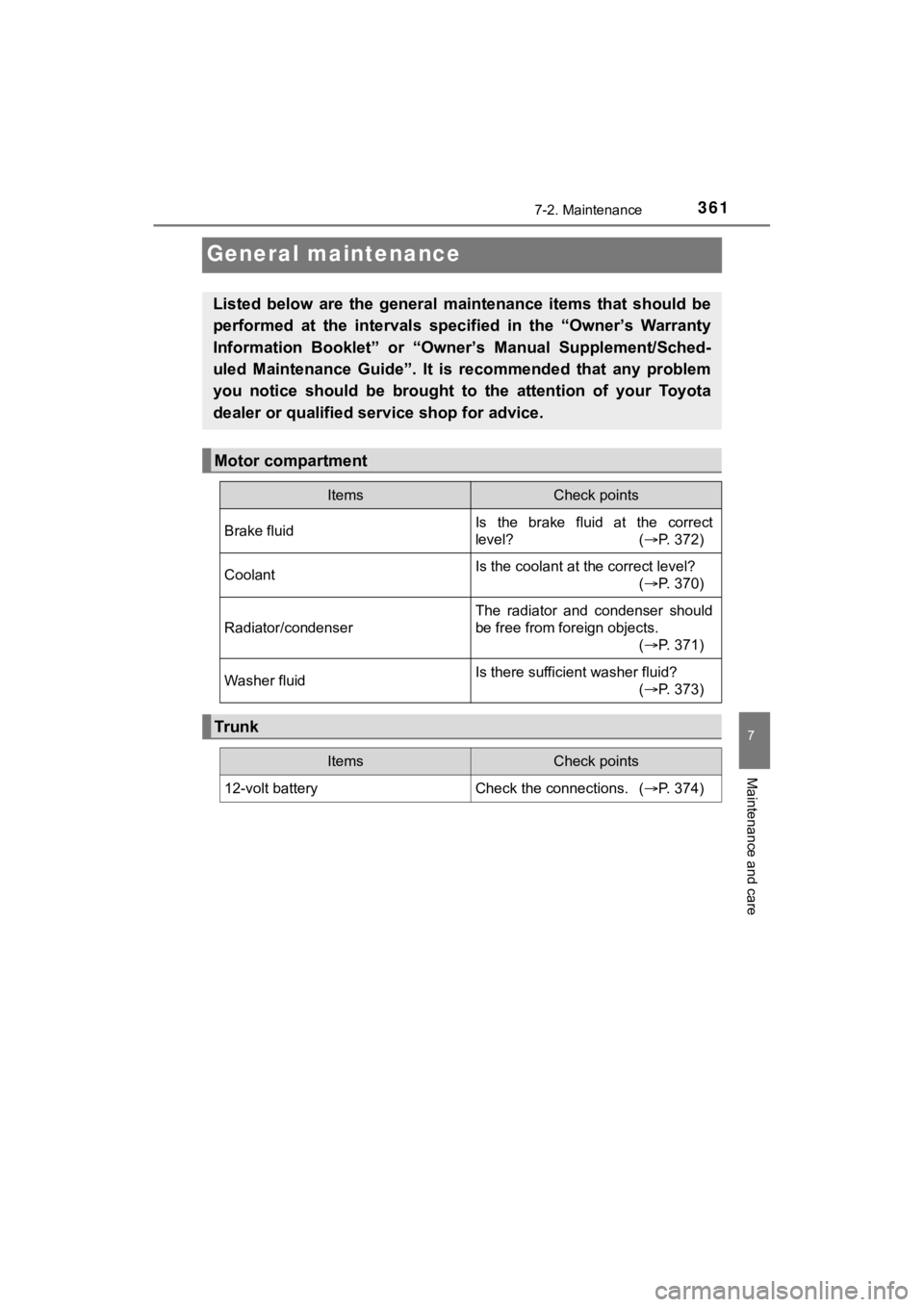 TOYOTA MIRAI 2020 Owners Manual (in English) 3617-2. Maintenance
MIRAI_OM_USA_OM62073U
7
Maintenance and care
General maintenance
Listed below are the general maintenance items that should be
performed at the intervals specified in TOYOTA MIRAI 2020 Owners Manual (in English) 3617-2. Maintenance
MIRAI_OM_USA_OM62073U
7
Maintenance and care
General maintenance
Listed below are the general maintenance items that should be
performed at the intervals specified in