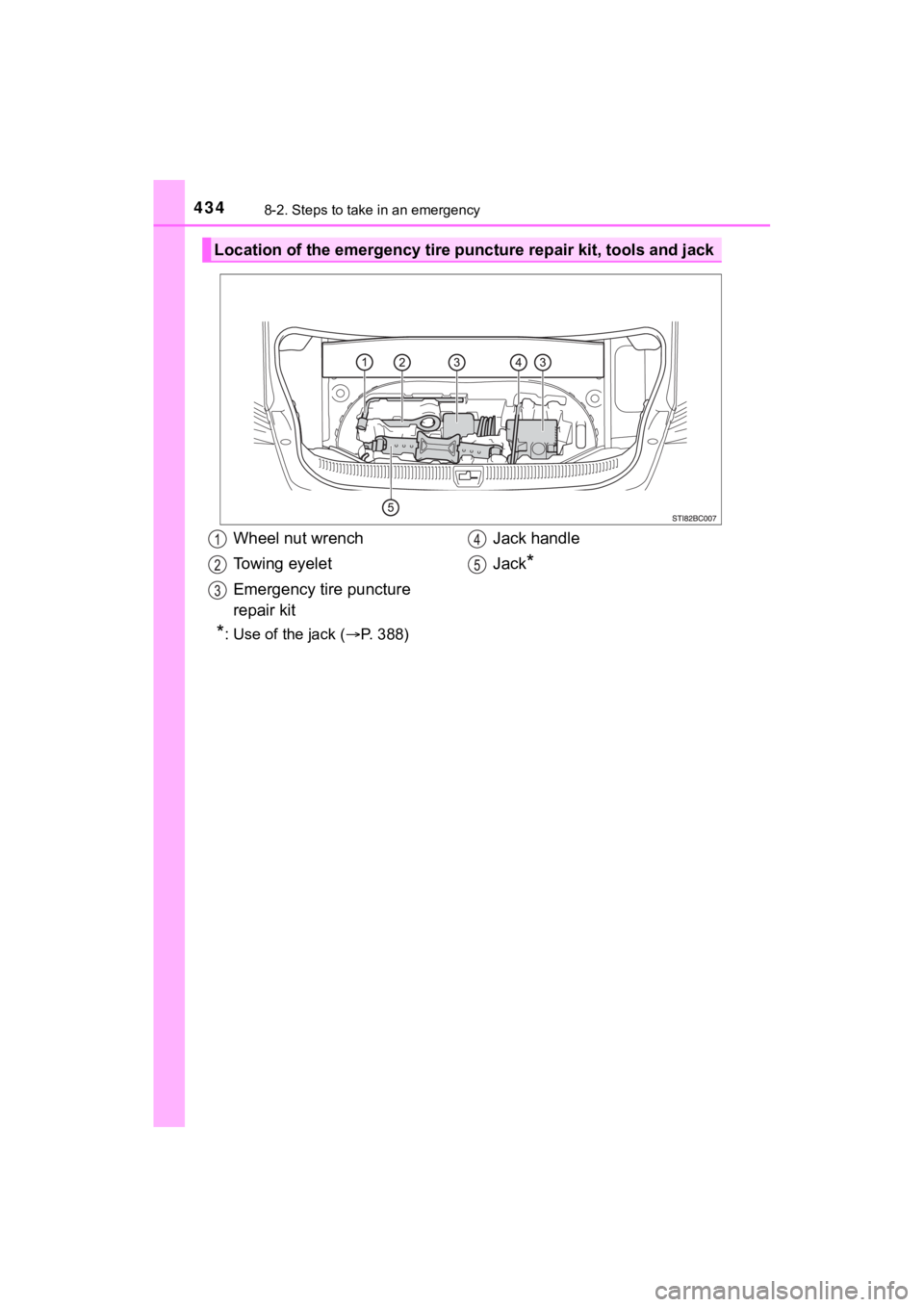 TOYOTA MIRAI 2020 Owners Manual (in English) 4348-2. Steps to take in an emergency
MIRAI_OM_USA_OM62073U
Location of the emergency tire puncture repair kit, tools and jack
Wheel nut wrench
To w i n g e y e l e t
Emergency tire puncture
repair TOYOTA MIRAI 2020 Owners Manual (in English) 4348-2. Steps to take in an emergency
MIRAI_OM_USA_OM62073U
Location of the emergency tire puncture repair kit, tools and jack
Wheel nut wrench
To w i n g e y e l e t
Emergency tire puncture
repair