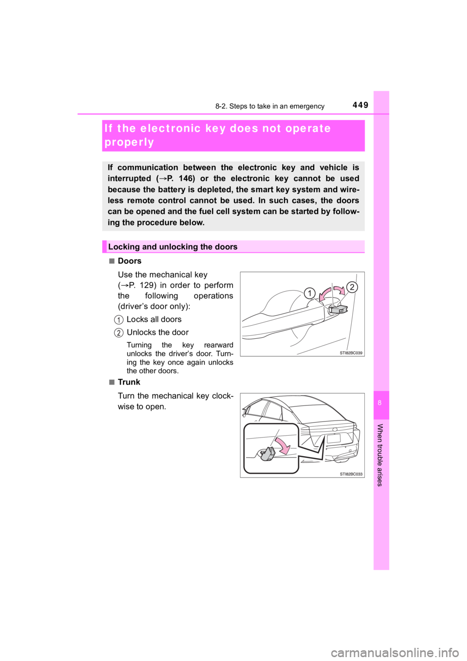 TOYOTA MIRAI 2020 Owners Manual (in English) 4498-2. Steps to take in an emergency
MIRAI_OM_USA_OM62073U
8
When trouble arises
If the electronic key does not operate
properly
■Doors
Use the mechanical key
( P. 129) in order to perfo TOYOTA MIRAI 2020 Owners Manual (in English) 4498-2. Steps to take in an emergency
MIRAI_OM_USA_OM62073U
8
When trouble arises
If the electronic key does not operate
properly
■Doors
Use the mechanical key
( P. 129) in order to perfo