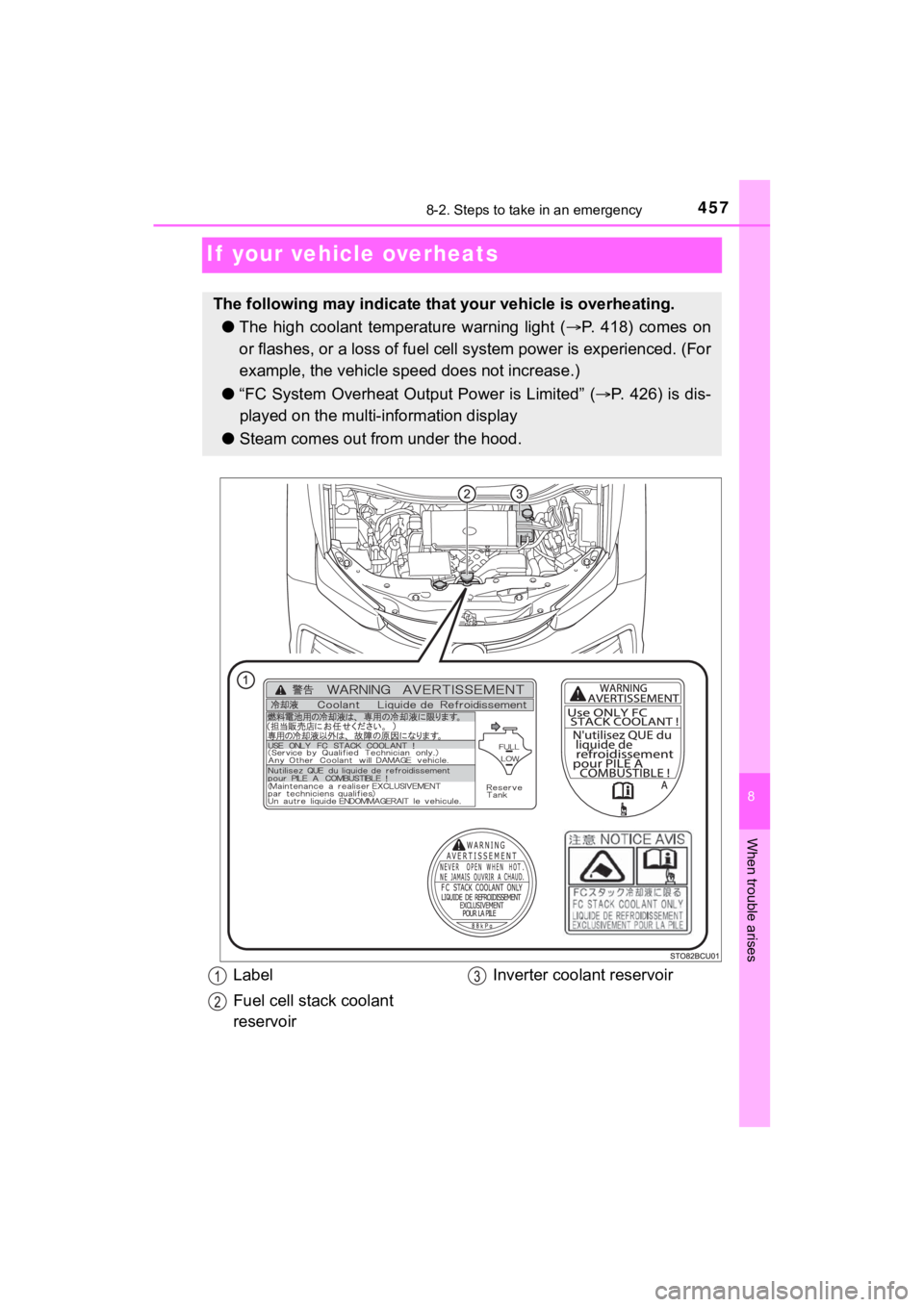 TOYOTA MIRAI 2020 Owners Manual (in English) 4578-2. Steps to take in an emergency
MIRAI_OM_USA_OM62073U
8
When trouble arises
If your vehicle overheats
The following may indicate that your vehicle is overheating.
● The high coolant temper TOYOTA MIRAI 2020 Owners Manual (in English) 4578-2. Steps to take in an emergency
MIRAI_OM_USA_OM62073U
8
When trouble arises
If your vehicle overheats
The following may indicate that your vehicle is overheating.
● The high coolant temper