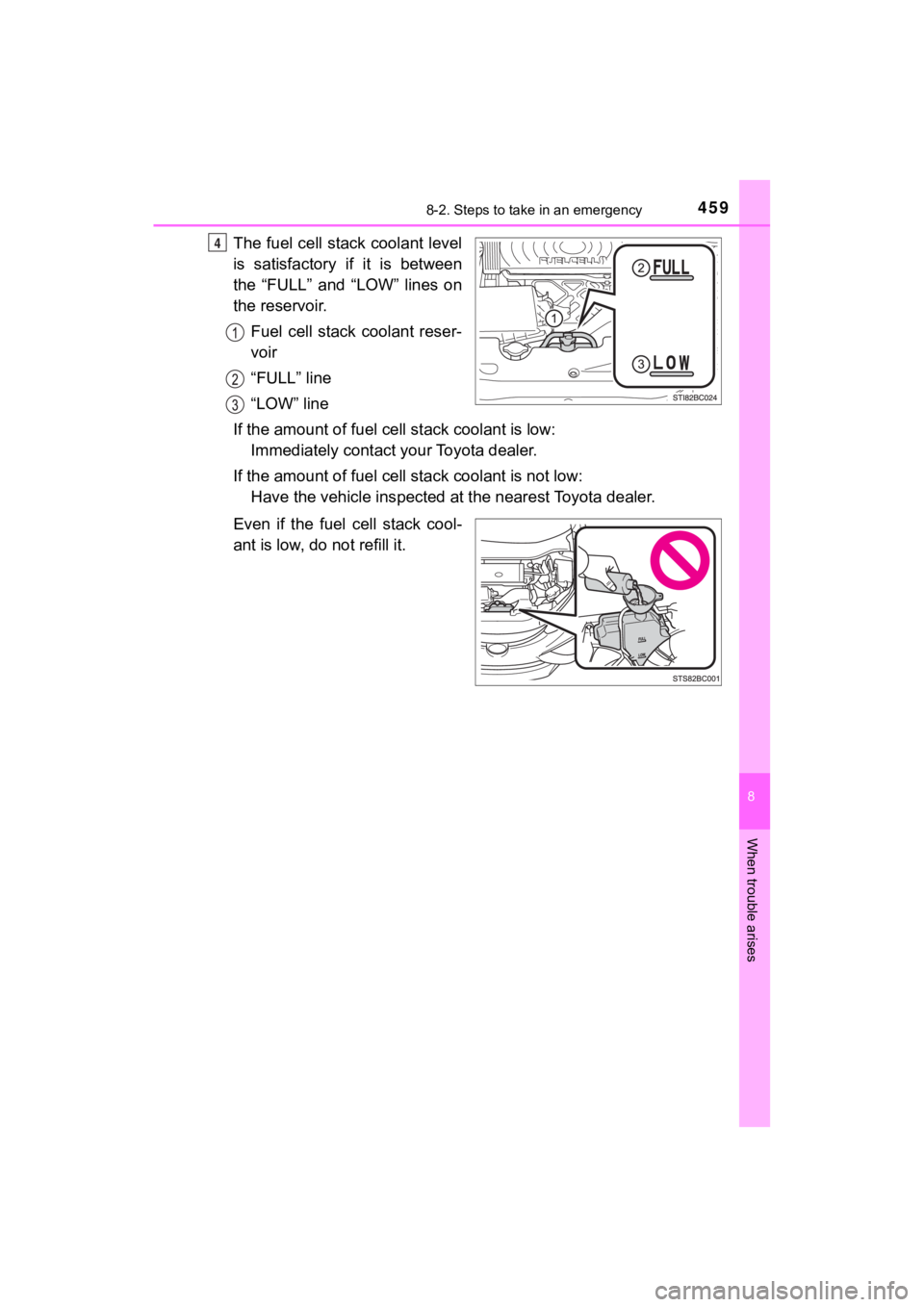 TOYOTA MIRAI 2020 Owners Manual (in English) 4598-2. Steps to take in an emergency
MIRAI_OM_USA_OM62073U
8
When trouble arises
The fuel cell stack coolant level
is satisfactory if it is between
the “FULL” and “LOW” lines on
the TOYOTA MIRAI 2020 Owners Manual (in English) 4598-2. Steps to take in an emergency
MIRAI_OM_USA_OM62073U
8
When trouble arises
The fuel cell stack coolant level
is satisfactory if it is between
the “FULL” and “LOW” lines on
the
