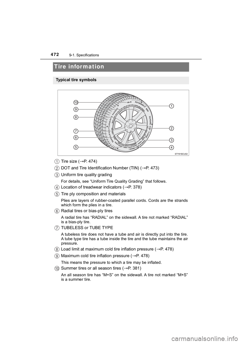 TOYOTA MIRAI 2020 Owners Manual (in English) 4729-1. Specifications
MIRAI_OM_USA_OM62073U
Tire information
Tire size (P. 474)
DOT and Tire Identification Number (TIN) ( P. 4 7 3 )
Uniform tire quality grading
For details, see “Uniform TOYOTA MIRAI 2020 Owners Manual (in English) 4729-1. Specifications
MIRAI_OM_USA_OM62073U
Tire information
Tire size (P. 474)
DOT and Tire Identification Number (TIN) ( P. 4 7 3 )
Uniform tire quality grading
For details, see “Uniform