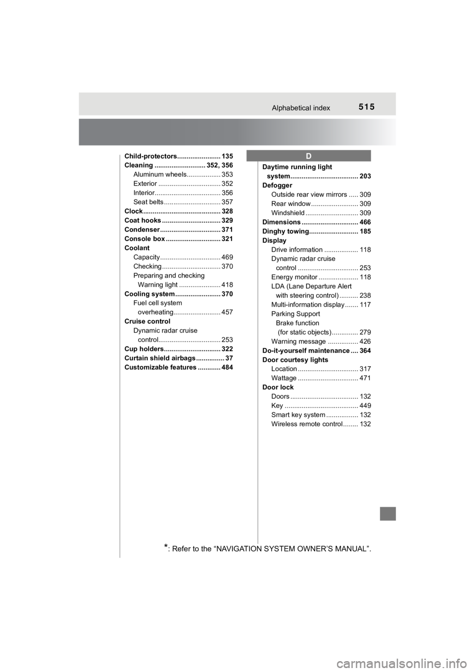 TOYOTA MIRAI 2020  Owners Manual (in English) 515Alphabetical index
MIRAI_OM_USA_OM62073U
Child-protectors....................... 135
Cleaning ........................... 352, 356Aluminum wheels.................. 353
Exterior ....................