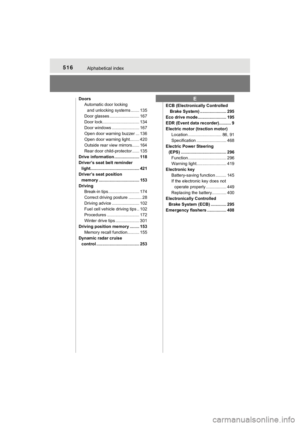 TOYOTA MIRAI 2020 Owners Manual (in English) 516Alphabetical index
MIRAI_OM_USA_OM62073U
DoorsAutomatic door locking
and unlocking systems ....... 135
Door glasses ......................... 167
Door lock............................... 134
Door TOYOTA MIRAI 2020 Owners Manual (in English) 516Alphabetical index
MIRAI_OM_USA_OM62073U
DoorsAutomatic door locking
and unlocking systems ....... 135
Door glasses ......................... 167
Door lock............................... 134
Door
