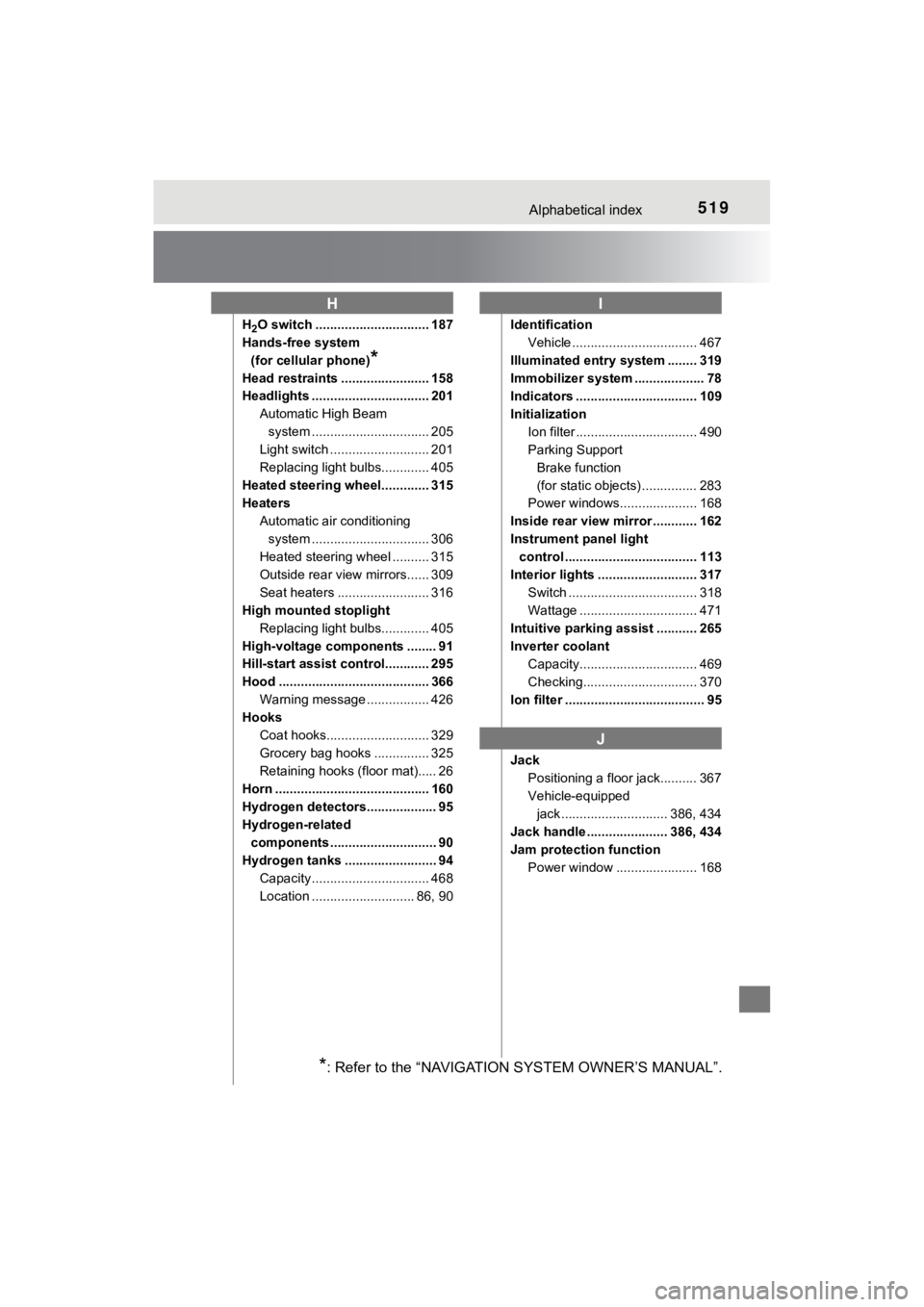 TOYOTA MIRAI 2020 Owners Manual (in English) 519Alphabetical index
MIRAI_OM_USA_OM62073U
H2O switch ............................... 187
Hands-free system
(for cellular phone)
*
Head restraints ........................ 158
Headlights ........... TOYOTA MIRAI 2020 Owners Manual (in English) 519Alphabetical index
MIRAI_OM_USA_OM62073U
H2O switch ............................... 187
Hands-free system
(for cellular phone)
*
Head restraints ........................ 158
Headlights ...........