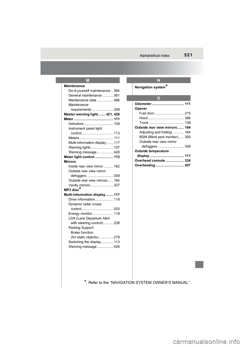 TOYOTA MIRAI 2020  Owners Manual (in English) 521Alphabetical index
MIRAI_OM_USA_OM62073U
MaintenanceDo-it-yourself maintenance ... 364
General maintenance ........... 361
Maintenance data ................. 466
Maintenance 
requirements .........