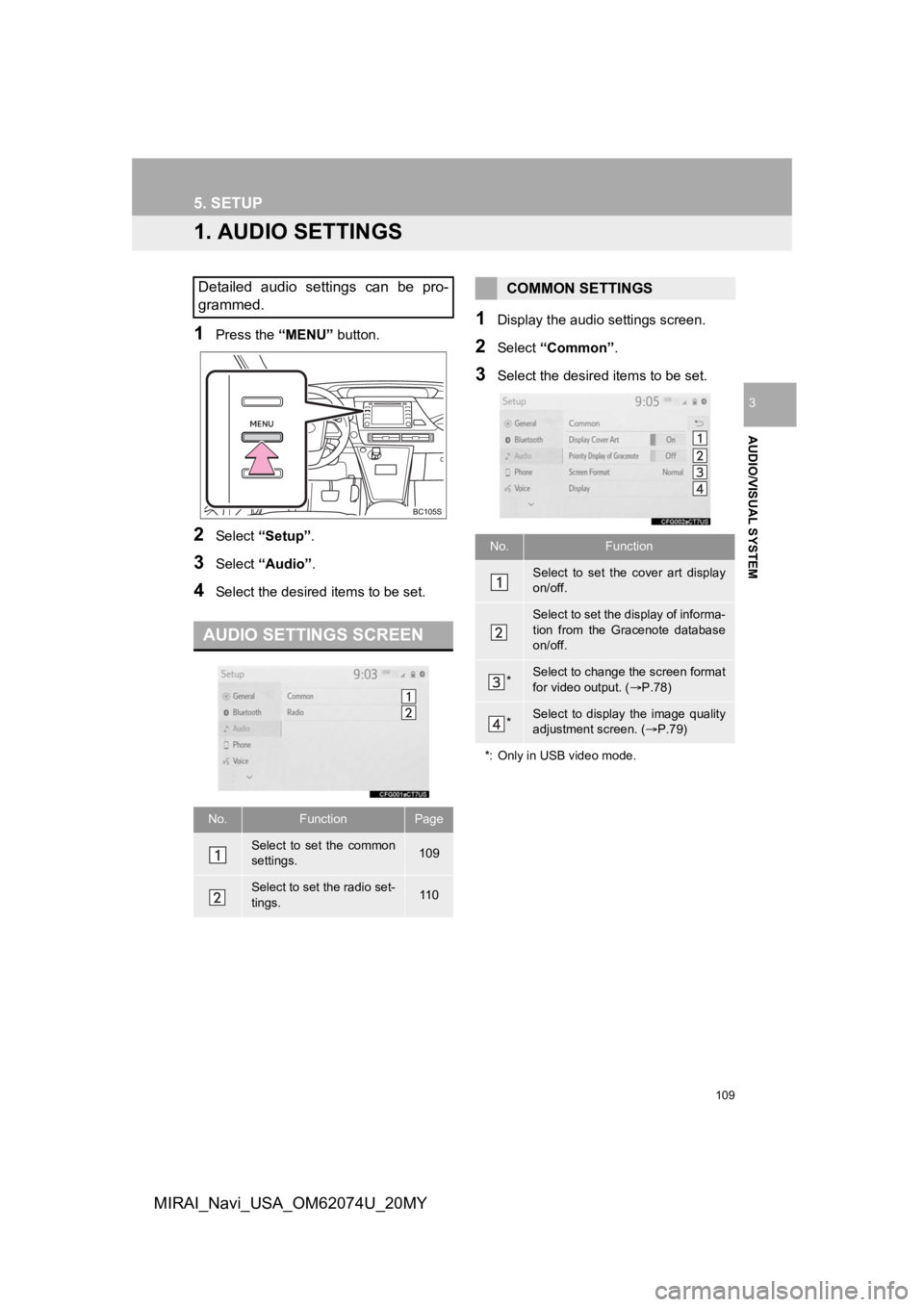 TOYOTA MIRAI 2020 Accessories, Audio & Navigation (in English) 109
AUDIO/VISUAL SYSTEM
3
MIRAI_Navi_USA_OM62074U_20MY
5. SETUP
1. AUDIO SETTINGS
1Press the “MENU” button.
2Select “Setup” .
3Select “Audio” .
4Select the desired items to be set.
1Displ TOYOTA MIRAI 2020 Accessories, Audio & Navigation (in English) 109
AUDIO/VISUAL SYSTEM
3
MIRAI_Navi_USA_OM62074U_20MY
5. SETUP
1. AUDIO SETTINGS
1Press the “MENU” button.
2Select “Setup” .
3Select “Audio” .
4Select the desired items to be set.
1Displ