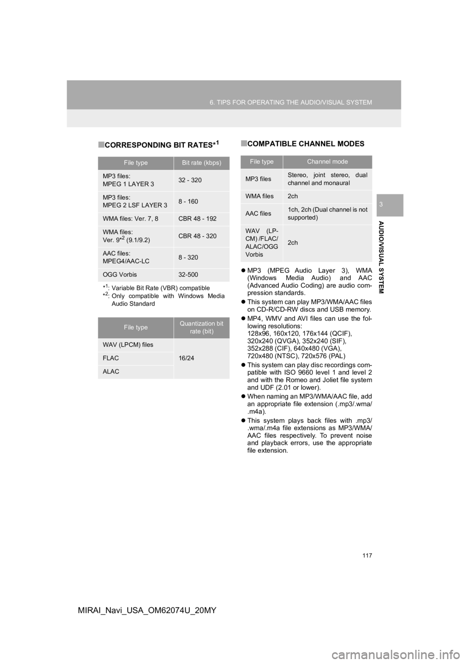 TOYOTA MIRAI 2020 Accessories, Audio & Navigation (in English) 117
6. TIPS FOR OPERATING THE AUDIO/VISUAL SYSTEM
AUDIO/VISUAL SYSTEM
3
MIRAI_Navi_USA_OM62074U_20MY
■CORRESPONDING BIT RATES*1■COMPATIBLE CHANNEL MODES
MP3 (MPEG Audio Layer 3), WMA
(Wind TOYOTA MIRAI 2020 Accessories, Audio & Navigation (in English) 117
6. TIPS FOR OPERATING THE AUDIO/VISUAL SYSTEM
AUDIO/VISUAL SYSTEM
3
MIRAI_Navi_USA_OM62074U_20MY
■CORRESPONDING BIT RATES*1■COMPATIBLE CHANNEL MODES
MP3 (MPEG Audio Layer 3), WMA
(Wind
