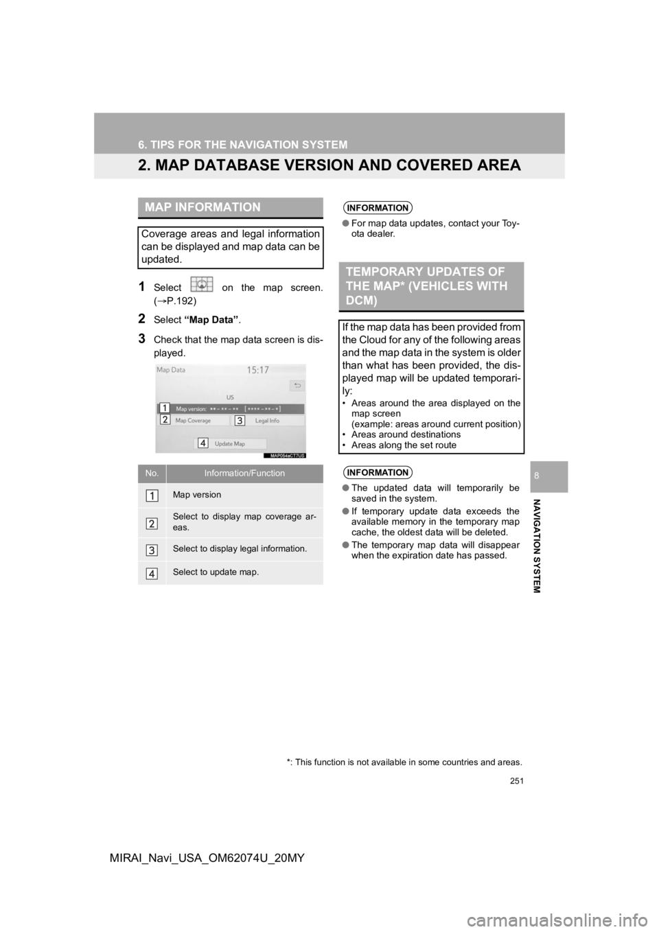 TOYOTA MIRAI 2020 Accessories, Audio & Navigation (in English) 251
6. TIPS FOR THE NAVIGATION SYSTEM
NAVIGATION SYSTEM
8
MIRAI_Navi_USA_OM62074U_20MY
2. MAP DATABASE VERSION AND COVERED AREA
1Select on the map screen.
(P.192)
2Select “Map Data” .
3Ch TOYOTA MIRAI 2020 Accessories, Audio & Navigation (in English) 251
6. TIPS FOR THE NAVIGATION SYSTEM
NAVIGATION SYSTEM
8
MIRAI_Navi_USA_OM62074U_20MY
2. MAP DATABASE VERSION AND COVERED AREA
1Select on the map screen.
(P.192)
2Select “Map Data” .
3Ch
