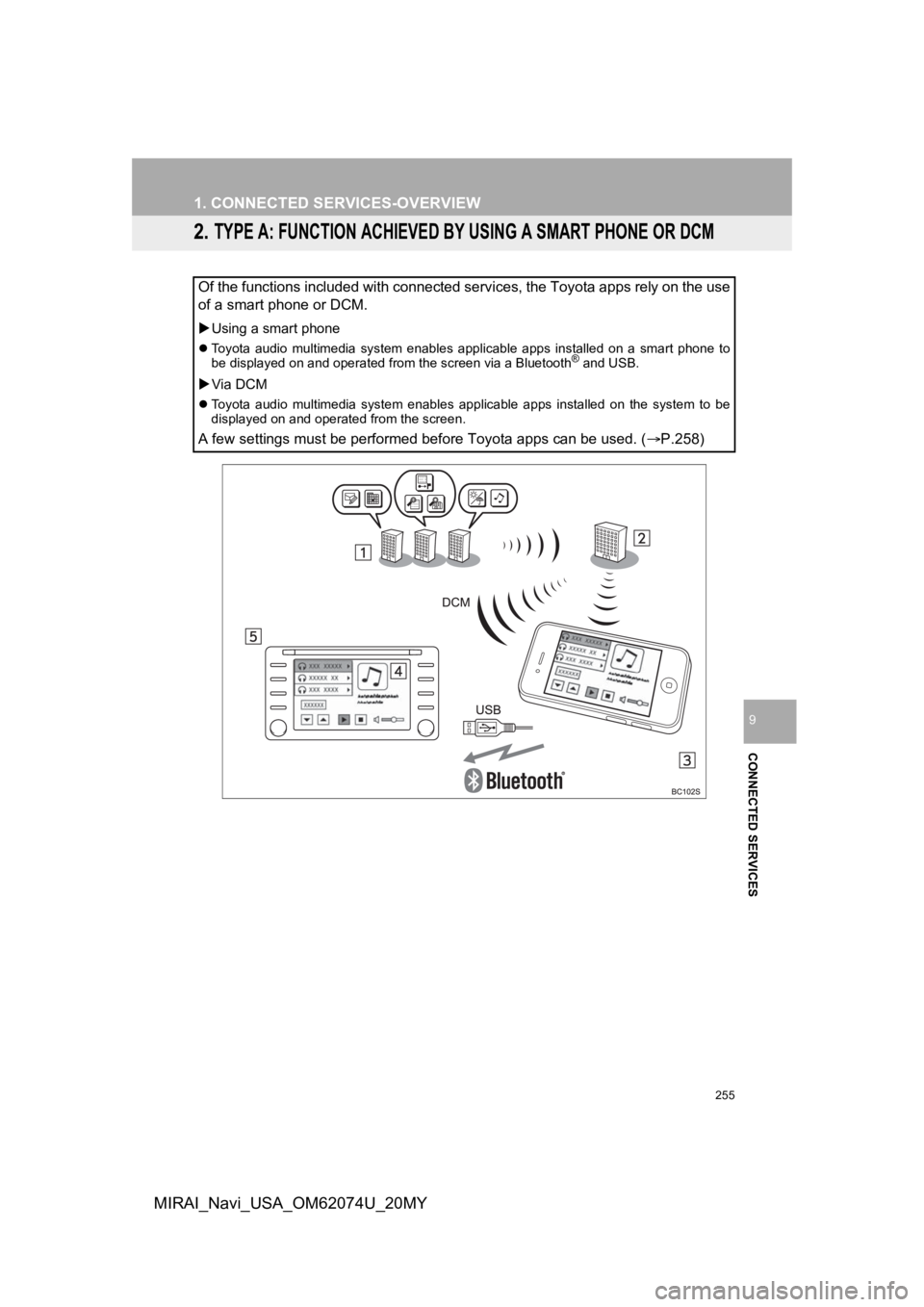 TOYOTA MIRAI 2020 Accessories, Audio & Navigation (in English) 255
1. CONNECTED SERVICES-OVERVIEW
CONNECTED SERVICES
9
MIRAI_Navi_USA_OM62074U_20MY
2. TYPE A: FUNCTION ACHIEVED BY USING A SMART PHONE OR DCM
Of the functions included with connected services, the T TOYOTA MIRAI 2020 Accessories, Audio & Navigation (in English) 255
1. CONNECTED SERVICES-OVERVIEW
CONNECTED SERVICES
9
MIRAI_Navi_USA_OM62074U_20MY
2. TYPE A: FUNCTION ACHIEVED BY USING A SMART PHONE OR DCM
Of the functions included with connected services, the T