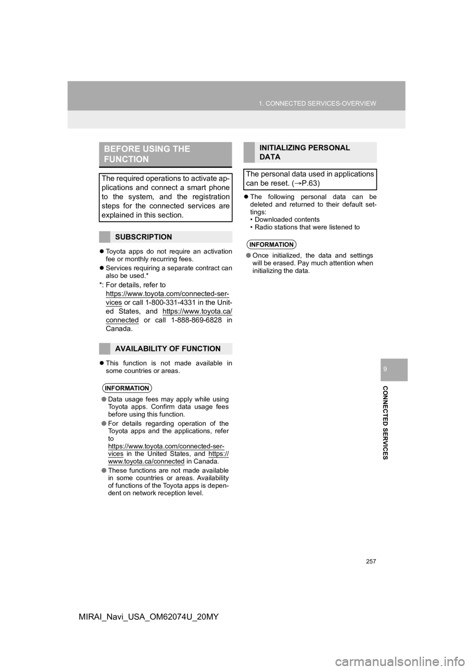 TOYOTA MIRAI 2020 Accessories, Audio & Navigation (in English) 257
1. CONNECTED SERVICES-OVERVIEW
CONNECTED SERVICES
9
MIRAI_Navi_USA_OM62074U_20MY
Toyota apps do not require an activation
fee or monthly recurring fees.
Services requiring a separate TOYOTA MIRAI 2020 Accessories, Audio & Navigation (in English) 257
1. CONNECTED SERVICES-OVERVIEW
CONNECTED SERVICES
9
MIRAI_Navi_USA_OM62074U_20MY
Toyota apps do not require an activation
fee or monthly recurring fees.
Services requiring a separate