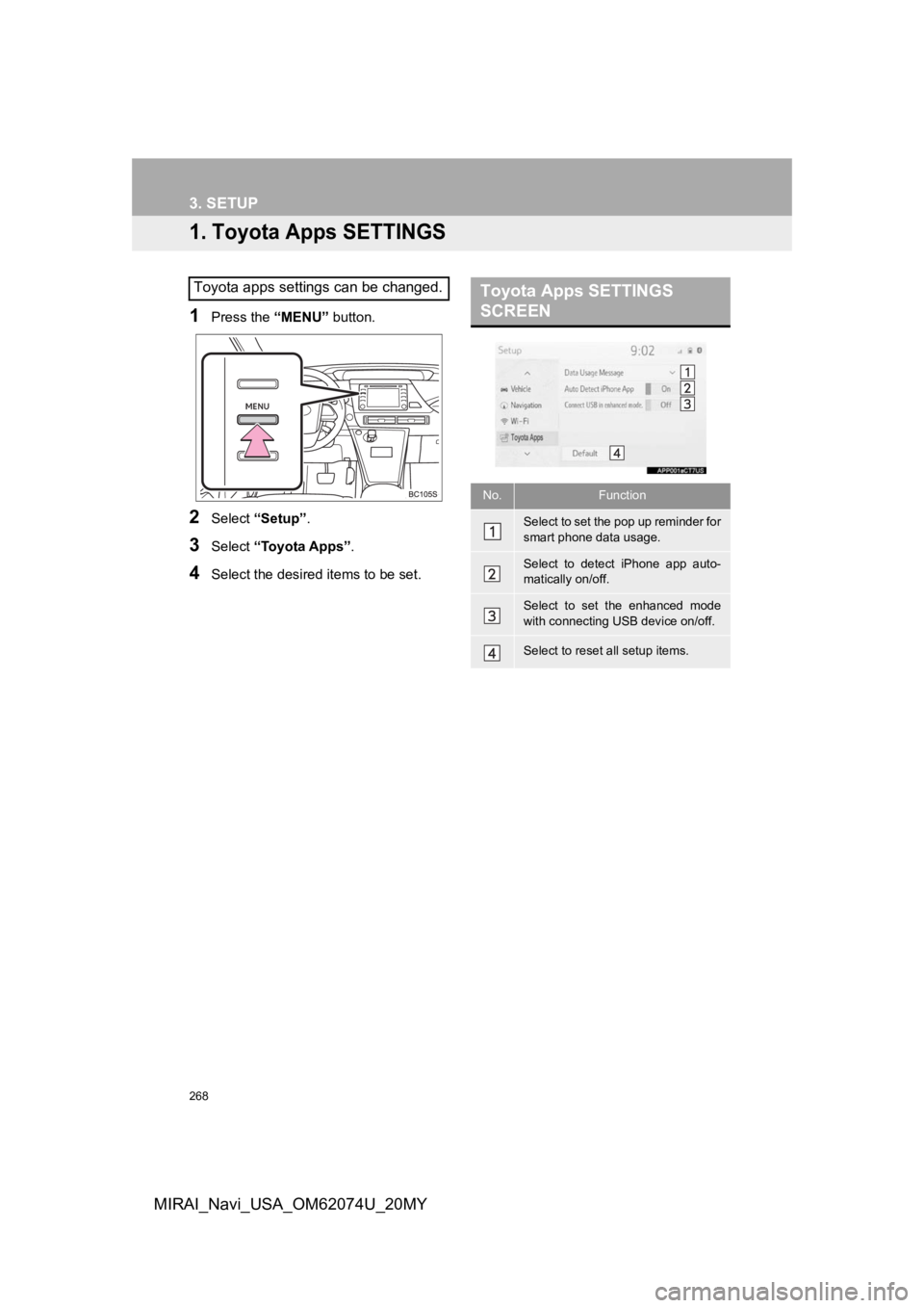 TOYOTA MIRAI 2020 Accessories, Audio & Navigation (in English) 268
MIRAI_Navi_USA_OM62074U_20MY
3. SETUP
1. Toyota Apps SETTINGS
1Press the “MENU” button.
2Select “Setup” .
3Select “Toyota Apps” .
4Select the desired items to be set.
Toyota apps setti TOYOTA MIRAI 2020 Accessories, Audio & Navigation (in English) 268
MIRAI_Navi_USA_OM62074U_20MY
3. SETUP
1. Toyota Apps SETTINGS
1Press the “MENU” button.
2Select “Setup” .
3Select “Toyota Apps” .
4Select the desired items to be set.
Toyota apps setti