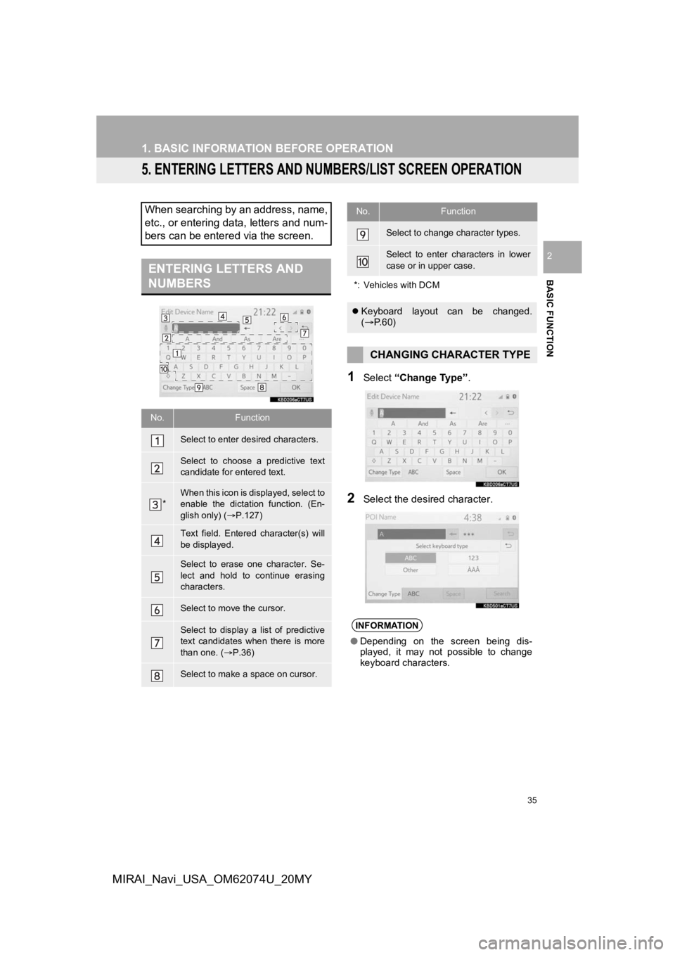 TOYOTA MIRAI 2020  Accessories, Audio & Navigation (in English) 35
1. BASIC INFORMATION BEFORE OPERATION
BASIC FUNCTION
2
MIRAI_Navi_USA_OM62074U_20MY
5. ENTERING LETTERS AND NUMBERS/LIST SCREEN OPERATION
1Select “Change Type” .
2Select the desired character.
