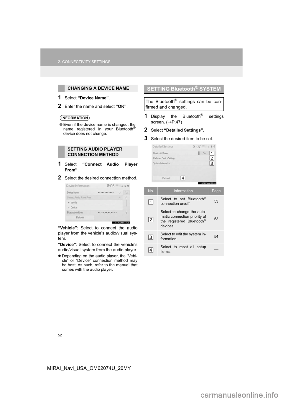 TOYOTA MIRAI 2020  Accessories, Audio & Navigation (in English) 52
2. CONNECTIVITY SETTINGS
MIRAI_Navi_USA_OM62074U_20MY
1Select “Device Name” .
2Enter the name and select  “OK”.
1Select  “Connect  Audio  Player
From” .
2Select the desired connection m