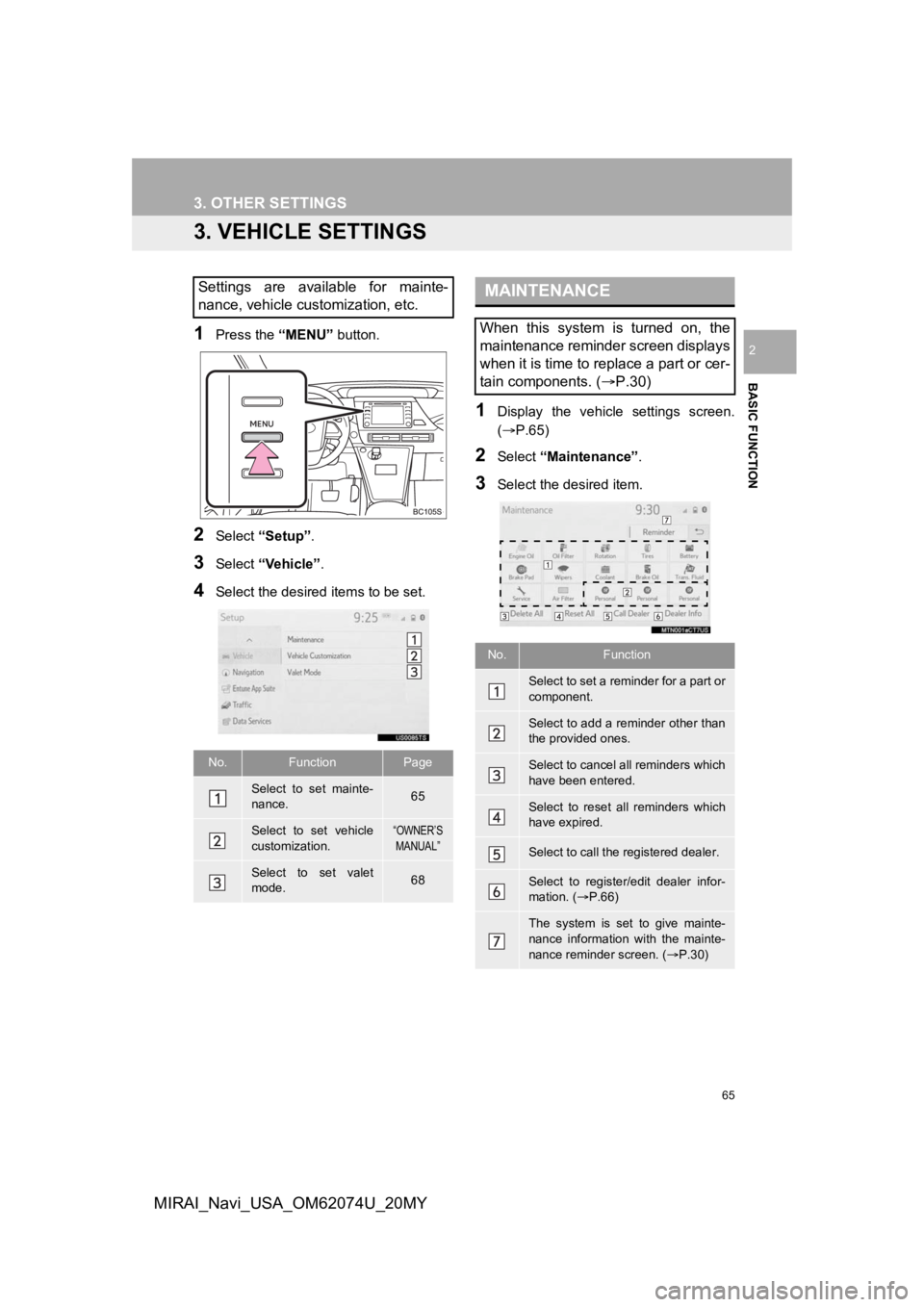 TOYOTA MIRAI 2020 Accessories, Audio & Navigation (in English) 65
3. OTHER SETTINGS
BASIC FUNCTION
2
MIRAI_Navi_USA_OM62074U_20MY
3. VEHICLE SETTINGS
1Press the “MENU” button.
2Select “Setup” .
3Select “Vehicle”.
4Select the desired items to be set.
TOYOTA MIRAI 2020 Accessories, Audio & Navigation (in English) 65
3. OTHER SETTINGS
BASIC FUNCTION
2
MIRAI_Navi_USA_OM62074U_20MY
3. VEHICLE SETTINGS
1Press the “MENU” button.
2Select “Setup” .
3Select “Vehicle”.
4Select the desired items to be set.
