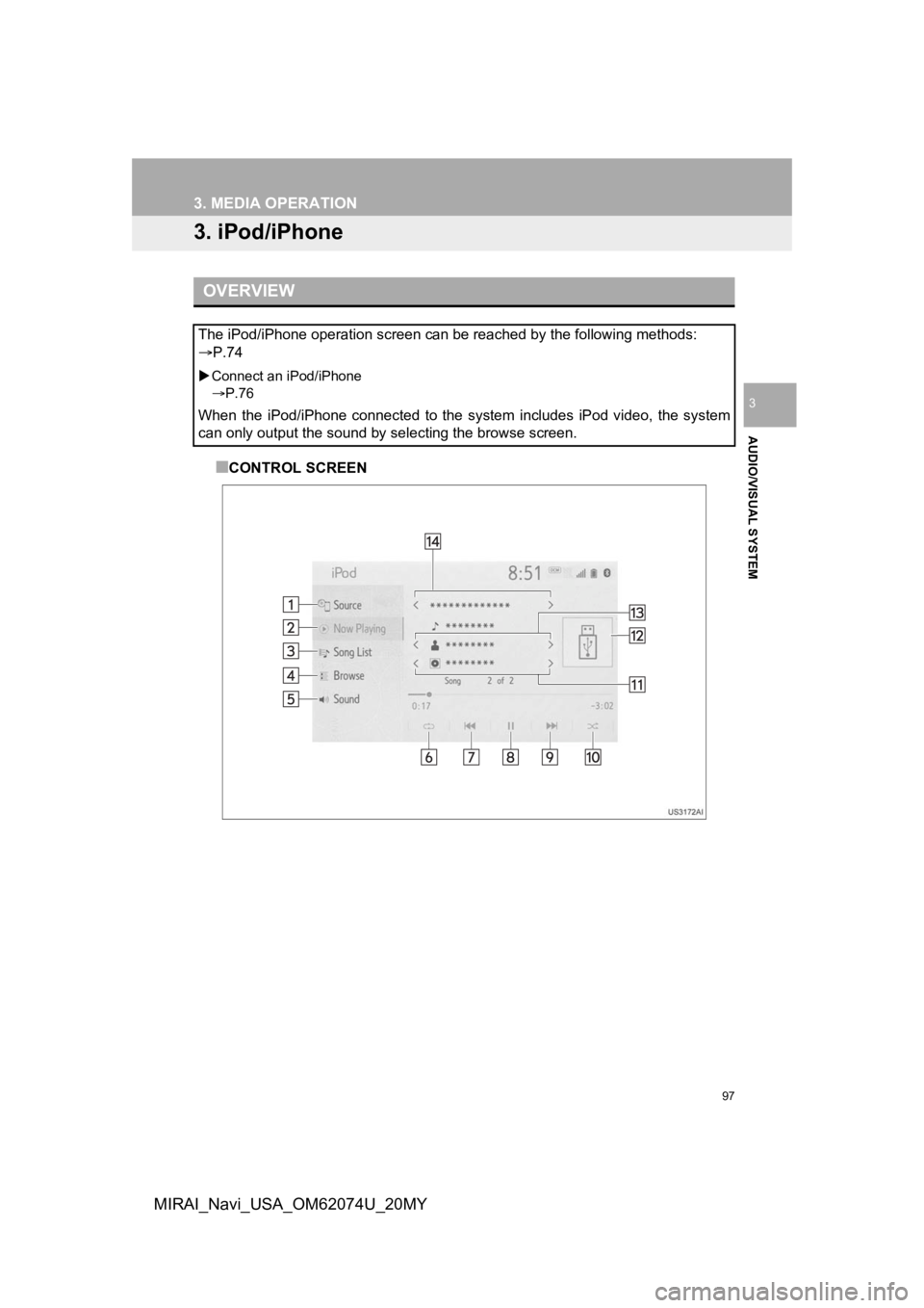 TOYOTA MIRAI 2020 Accessories, Audio & Navigation (in English) 97
3. MEDIA OPERATION
AUDIO/VISUAL SYSTEM
3
MIRAI_Navi_USA_OM62074U_20MY
3. iPod/iPhone
■CONTROL SCREEN
OVERVIEW
The iPod/iPhone operation screen can be reached by the following methods:
P.74
TOYOTA MIRAI 2020 Accessories, Audio & Navigation (in English) 97
3. MEDIA OPERATION
AUDIO/VISUAL SYSTEM
3
MIRAI_Navi_USA_OM62074U_20MY
3. iPod/iPhone
■CONTROL SCREEN
OVERVIEW
The iPod/iPhone operation screen can be reached by the following methods:
P.74