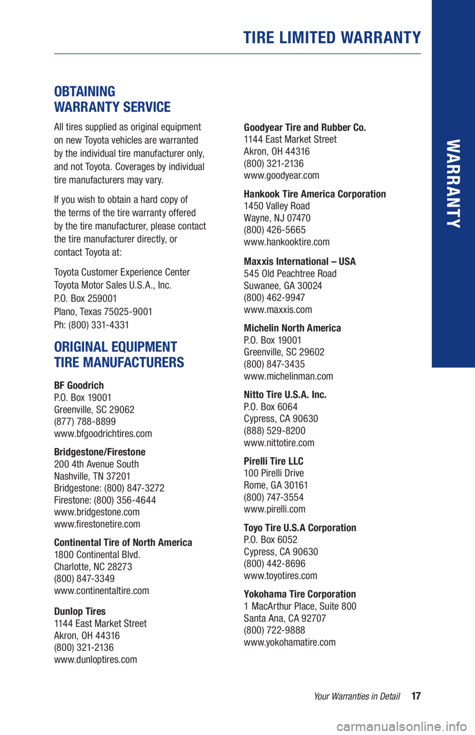 TOYOTA MIRAI 2020 Warranties & Maintenance Guides (in English) 17Your Warranties in Detail
WARR ANT Y
OBTAINING
WARRANTY SERVICE
All tires supplied as original equipment
on new Toyota vehicles are warranted
by the individual tire manufacturer only,
and no TOYOTA MIRAI 2020 Warranties & Maintenance Guides (in English) 17Your Warranties in Detail
WARR ANT Y
OBTAINING
WARRANTY SERVICE
All tires supplied as original equipment
on new Toyota vehicles are warranted
by the individual tire manufacturer only,
and no