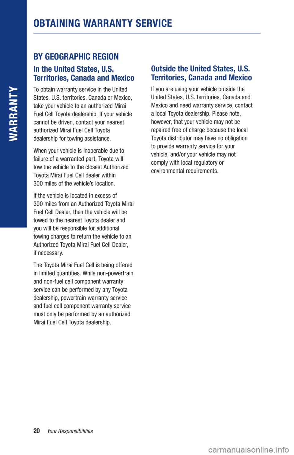 TOYOTA MIRAI 2020 Warranties & Maintenance Guides (in English) 20Your Responsibilities
WARR ANT Y
BY GEOGRAPHIC REGION
In the United States, U.S.
Territories, Canada and Mexico
To obtain warranty service in the United
States, U.S. territories, Canada or Mexi TOYOTA MIRAI 2020 Warranties & Maintenance Guides (in English) 20Your Responsibilities
WARR ANT Y
BY GEOGRAPHIC REGION
In the United States, U.S.
Territories, Canada and Mexico
To obtain warranty service in the United
States, U.S. territories, Canada or Mexi