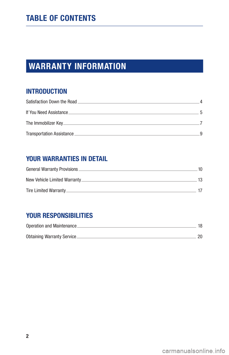 TOYOTA MIRAI 2020  Warranties & Maintenance Guides (in English) 2
TABLE OF CONTENTS
WARR ANT Y INFORMATION
INTRODUCTION
Satisfaction Down the Road  4
If You Need Assistance 
 5
The Immobilizer Key 
 7
Transportation Assistance 
 9
YOUR WARRANTIES IN DETAIL
General