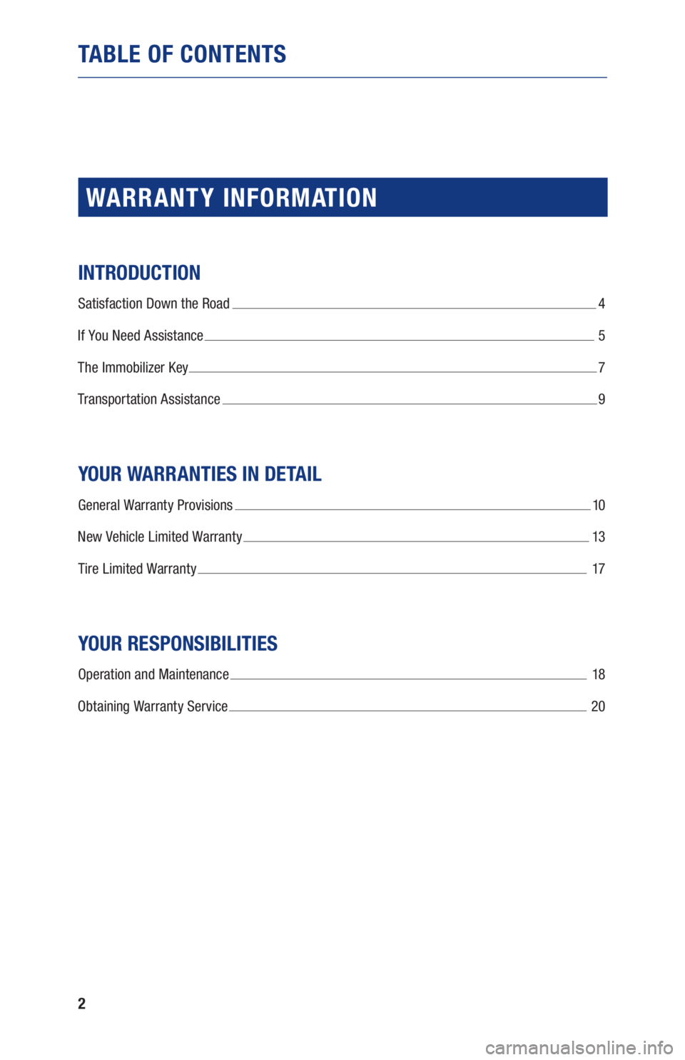 TOYOTA MIRAI 2020 Warranties & Maintenance Guides (in English) 2
TABLE OF CONTENTS
WARR ANT Y INFORMATION
INTRODUCTION
Satisfaction Down the Road 4
If You Need Assistance
5
The Immobilizer Key
7
Transportation Assistance
9
YOUR WARRANTIES IN DETAIL
General TOYOTA MIRAI 2020 Warranties & Maintenance Guides (in English) 2
TABLE OF CONTENTS
WARR ANT Y INFORMATION
INTRODUCTION
Satisfaction Down the Road 4
If You Need Assistance
5
The Immobilizer Key
7
Transportation Assistance
9
YOUR WARRANTIES IN DETAIL
General