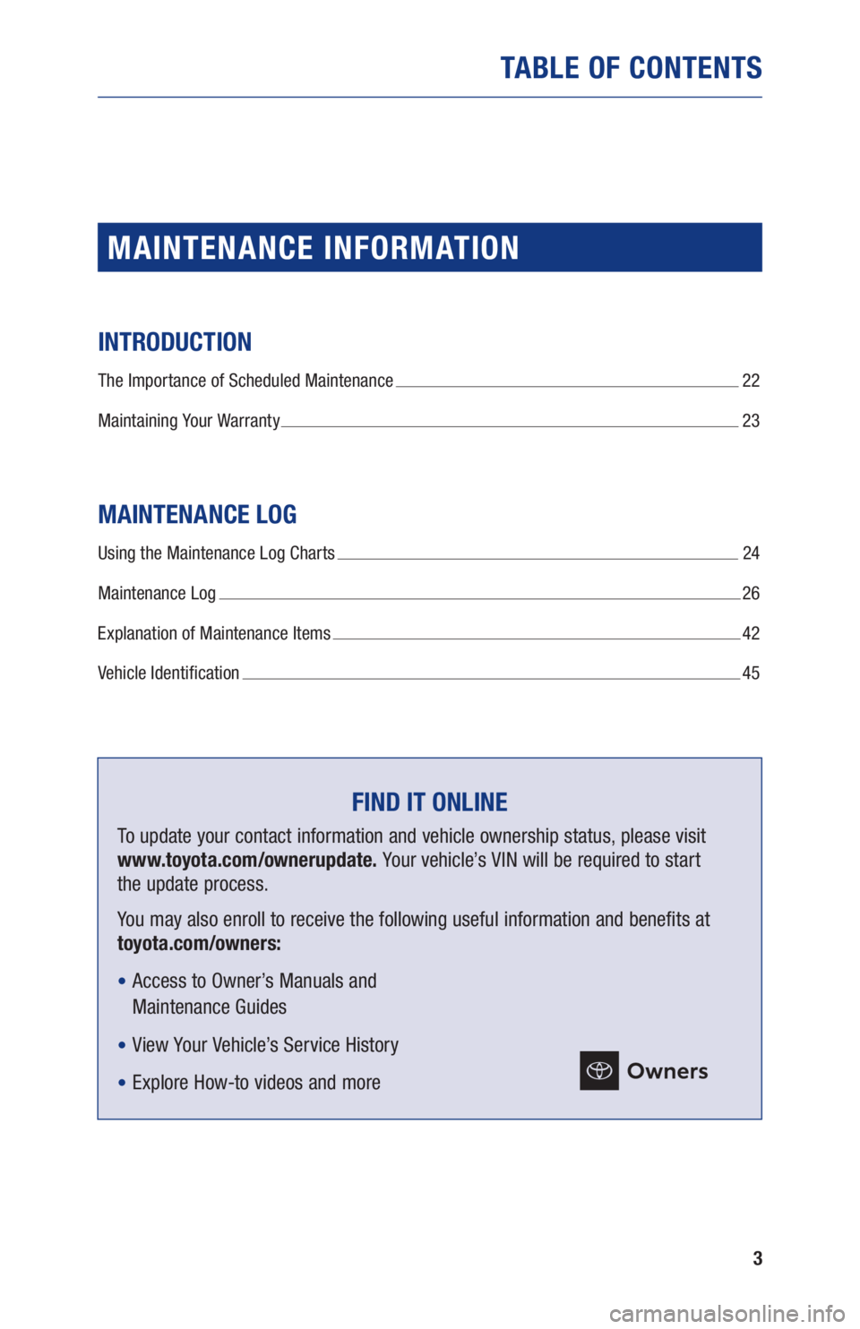 TOYOTA MIRAI 2020  Warranties & Maintenance Guides (in English) 3
TABLE OF CONTENTS
MAINTENANCE INFORMATION
INTRODUCTION
The Importance of Scheduled Maintenance  22
Maintaining Your Warranty 
 23
MAINTENANCE LOG
Using the Maintenance Log Charts  24
Maintenance Log