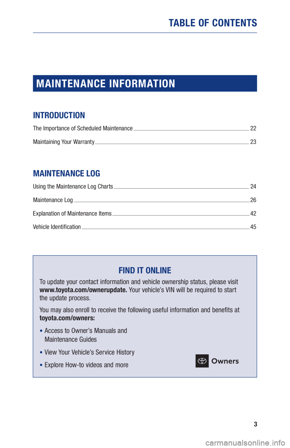 TOYOTA MIRAI 2020 Warranties & Maintenance Guides (in English) 3
TABLE OF CONTENTS
MAINTENANCE INFORMATION
INTRODUCTION
The Importance of Scheduled Maintenance 22
Maintaining Your Warranty
23
MAINTENANCE LOG
Using the Maintenance Log Charts 24
Maintenance Log TOYOTA MIRAI 2020 Warranties & Maintenance Guides (in English) 3
TABLE OF CONTENTS
MAINTENANCE INFORMATION
INTRODUCTION
The Importance of Scheduled Maintenance 22
Maintaining Your Warranty
23
MAINTENANCE LOG
Using the Maintenance Log Charts 24
Maintenance Log