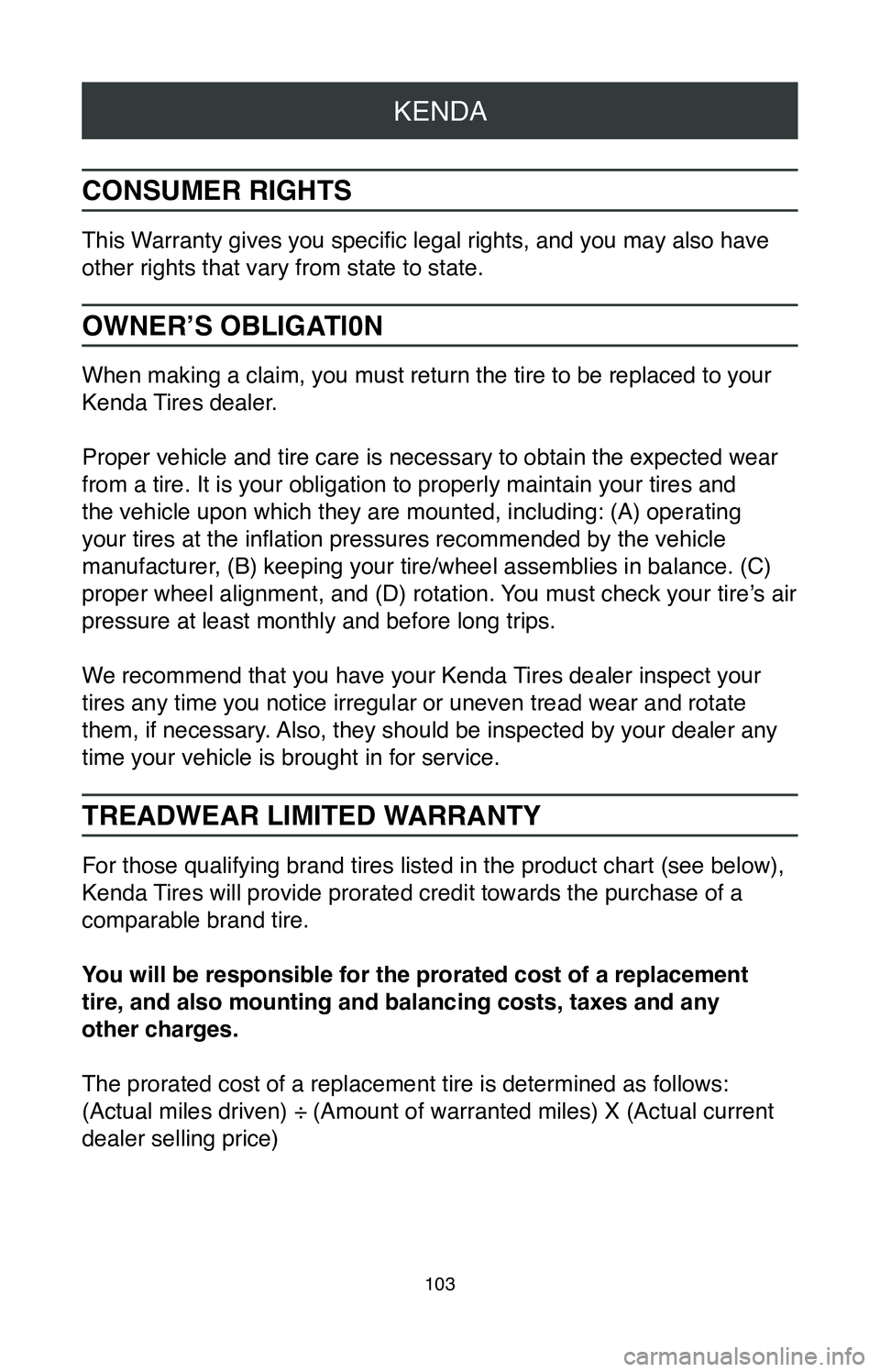 TOYOTA MIRAI 2020 Warranties & Maintenance Guides (in English) KENDA
103
CONSUMER RIGHTS
This Warranty gives you specific legal rights, and you may also have
other rights that vary from state to state.
OWNER’S OBLIGATl0N
When making a claim, you must return th TOYOTA MIRAI 2020 Warranties & Maintenance Guides (in English) KENDA
103
CONSUMER RIGHTS
This Warranty gives you specific legal rights, and you may also have
other rights that vary from state to state.
OWNER’S OBLIGATl0N
When making a claim, you must return th