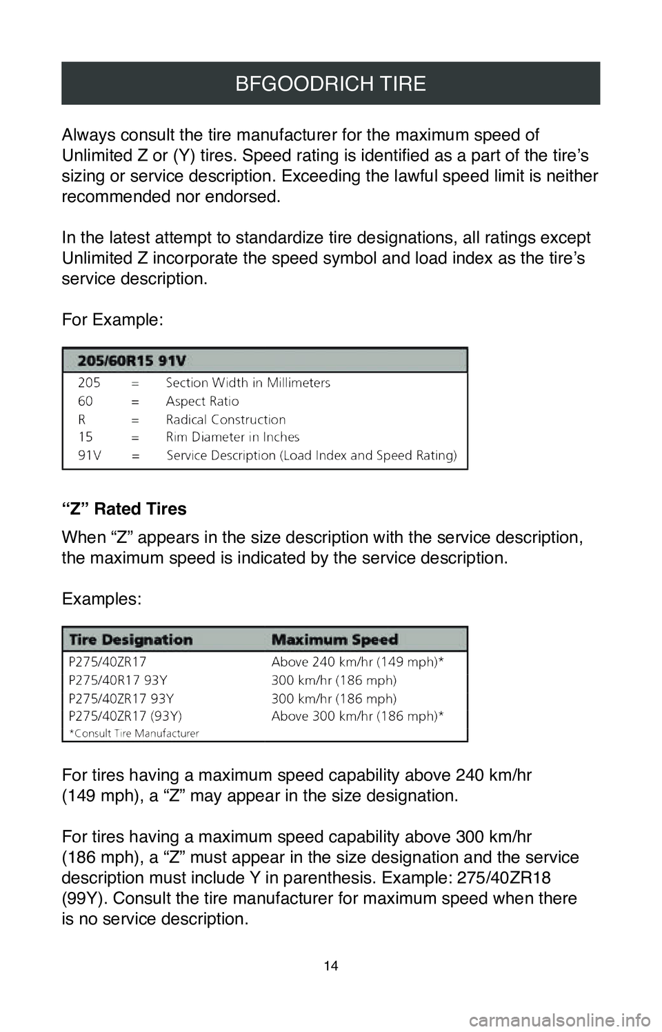 TOYOTA MIRAI 2020  Warranties & Maintenance Guides (in English) 14
BFGOODRICH TIRE
Always consult the tire manufacturer for the maximum speed of 
Unlimited Z or (Y) tires. Speed rating is identified as a part of the tire’s 
sizing or service description. Exceedi